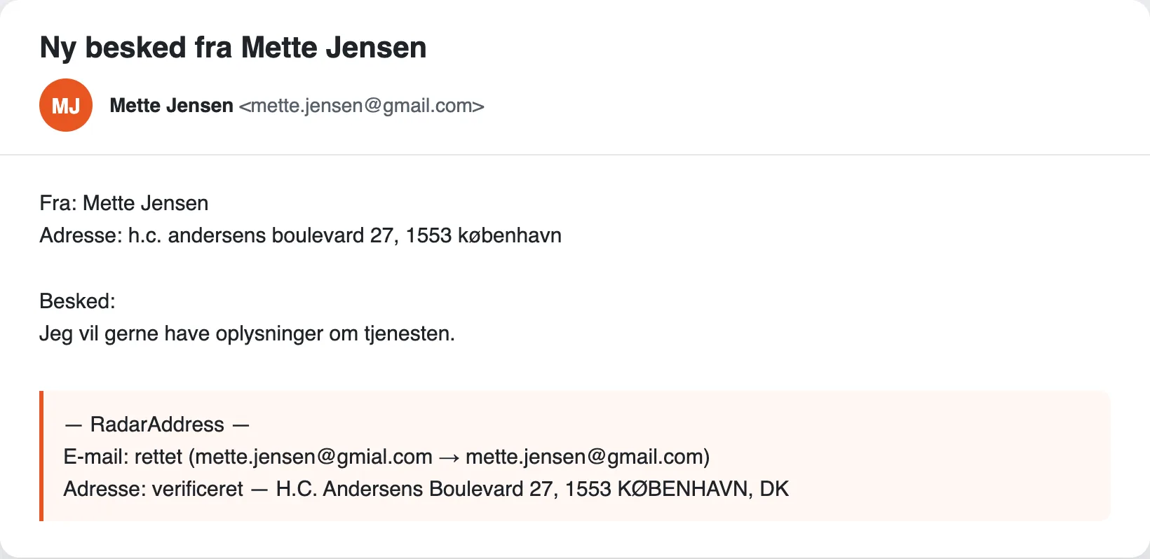 Notifikationsmailen fra Contact Form 7 med RadarAddress-blokken: e-mail rettet, adresse verificeret