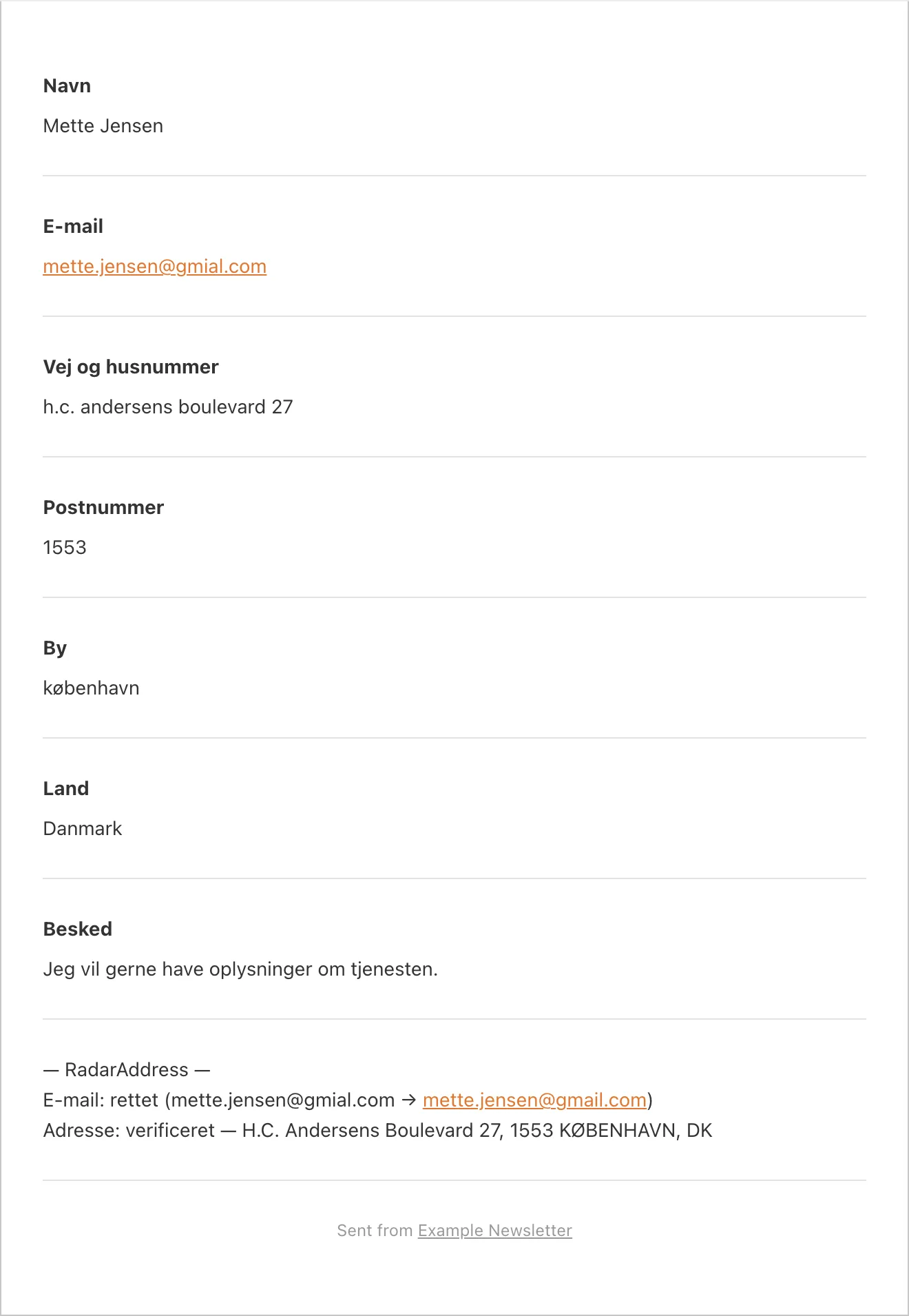 Notifikationsmailen fra WPForms med RadarAddress-blokken: e-mail rettet, adresse verificeret