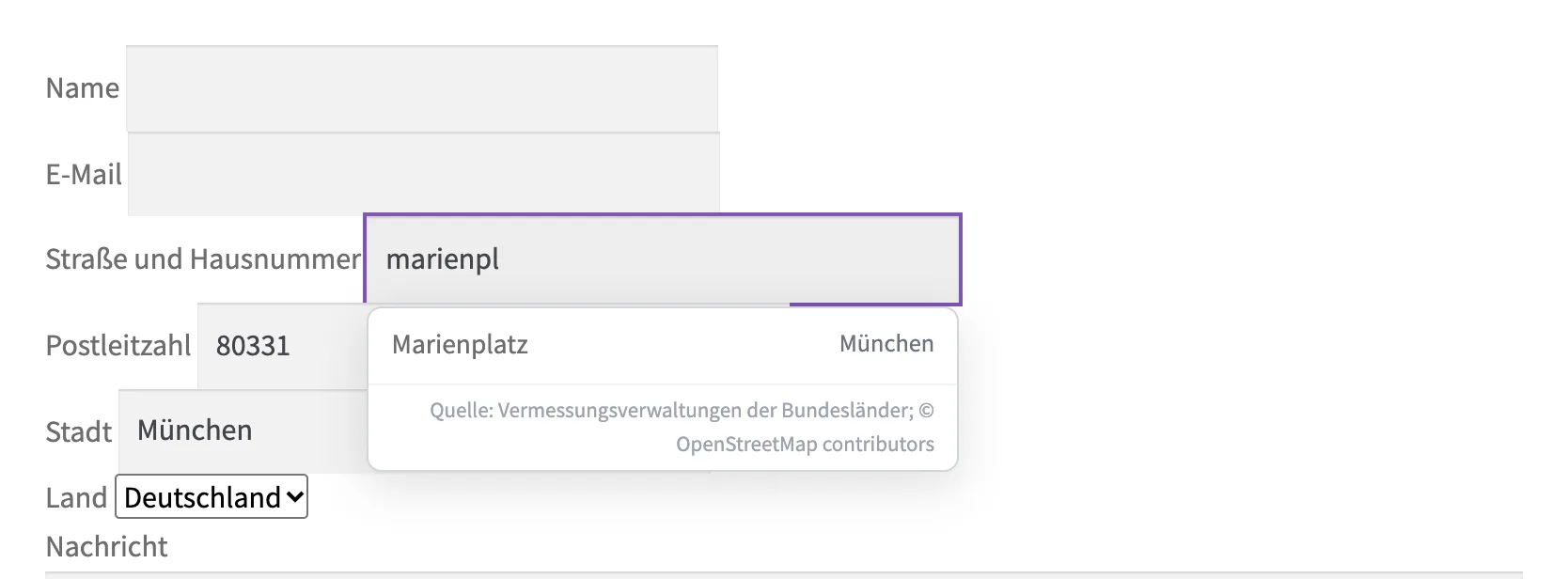 Das Popup der Autovervollständigung im Formular von Contact Form 7