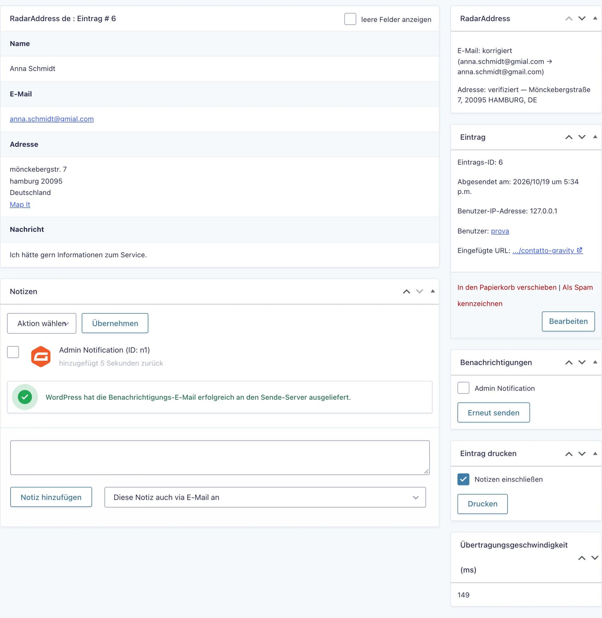 Die Detailansicht des Eintrags von Gravity Forms mit dem RadarAddress-Block: E-Mail korrigiert, Adresse verifiziert