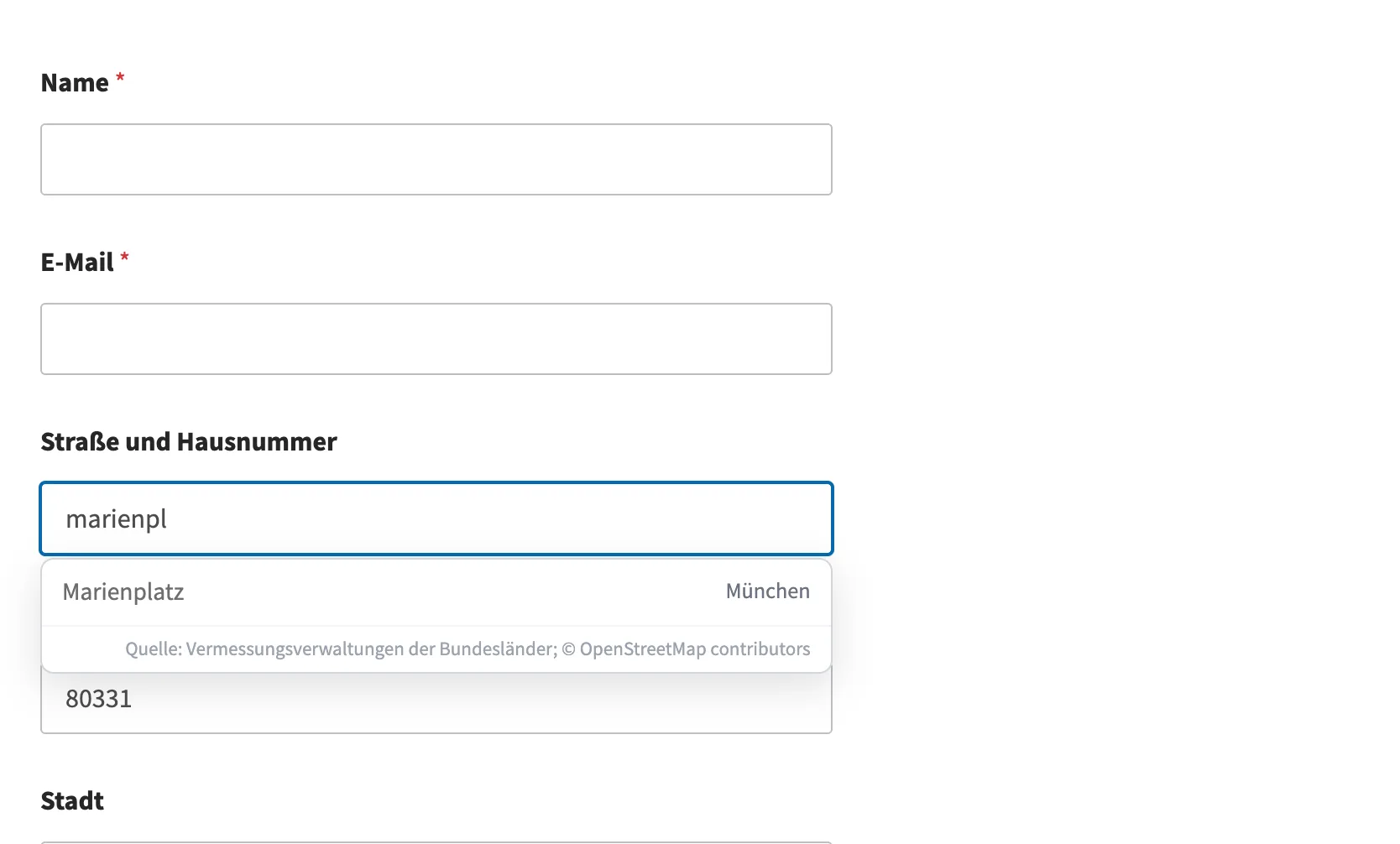 Das Popup der Autovervollständigung im Formular von WPForms