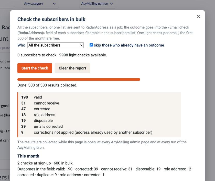 The bulk check of the subscribers inside AcyMailing