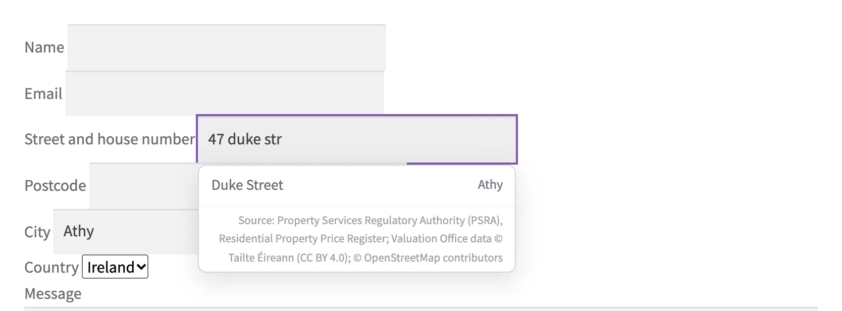The autocomplete popup in the Contact Form 7 form