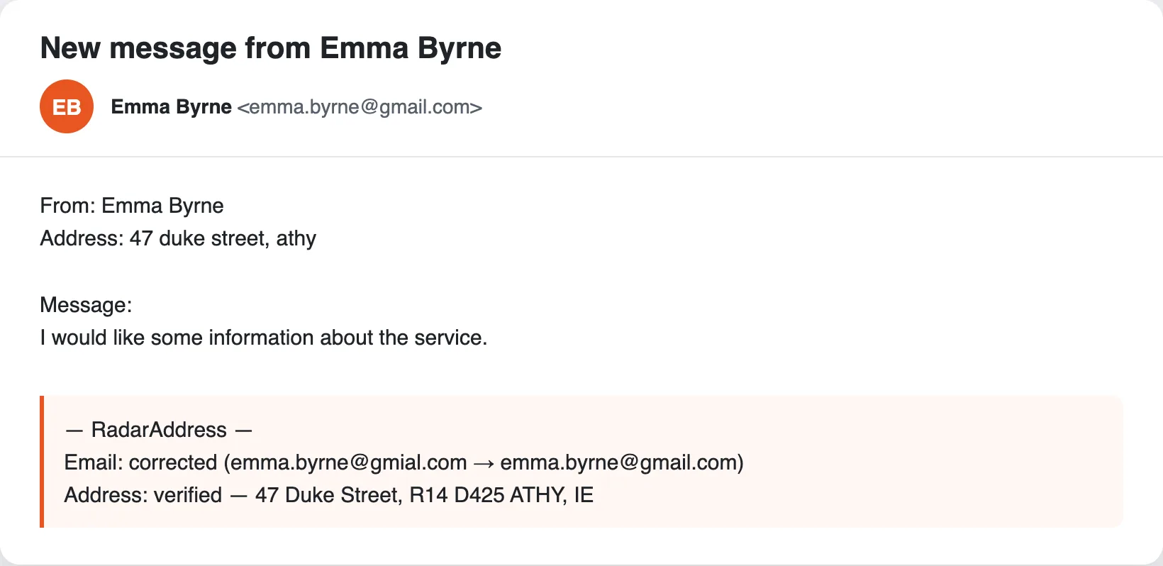 The Contact Form 7 notification email with the RadarAddress block: email corrected, address verified