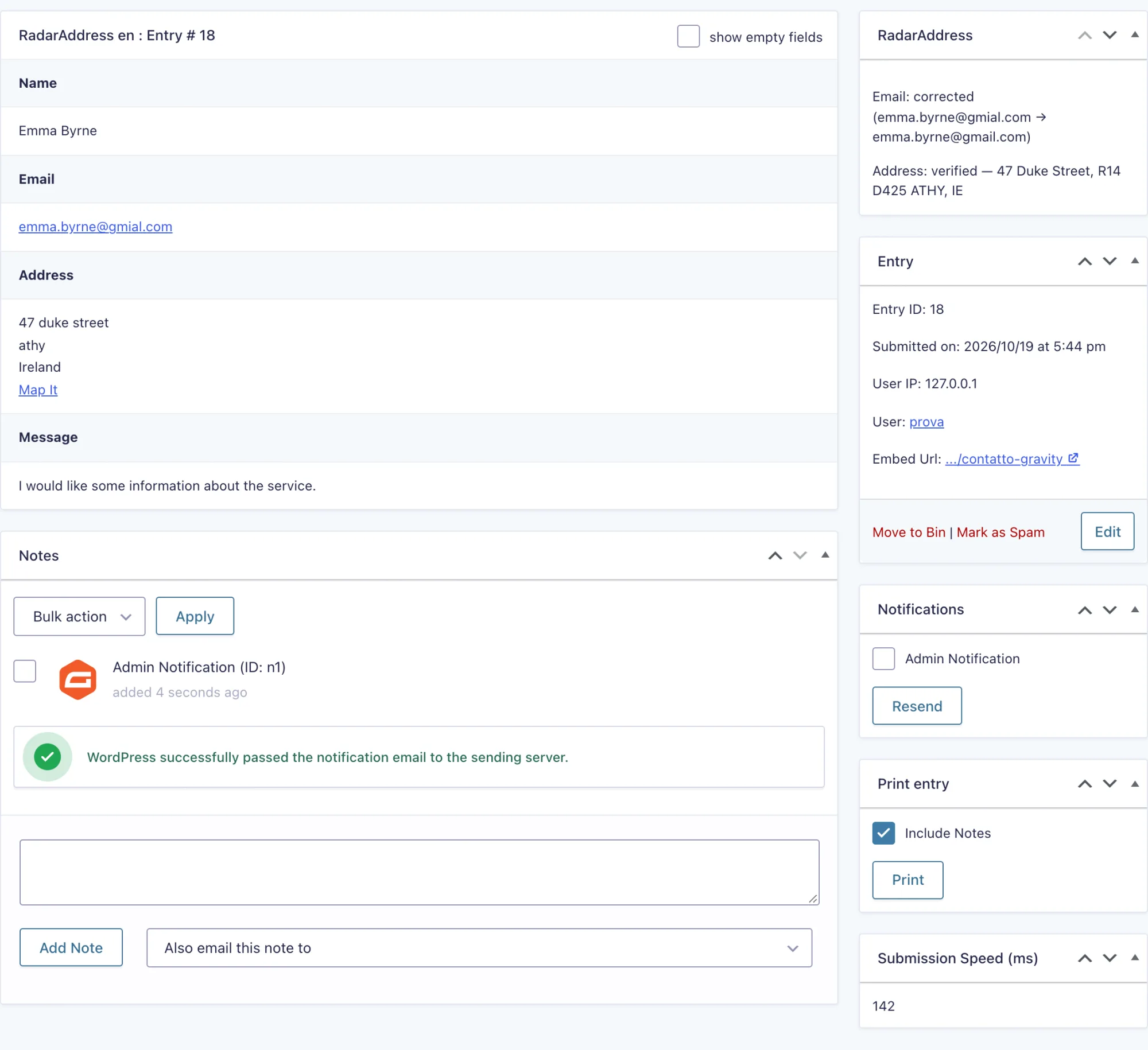 The Gravity Forms entry detail with the RadarAddress box: email corrected, address verified