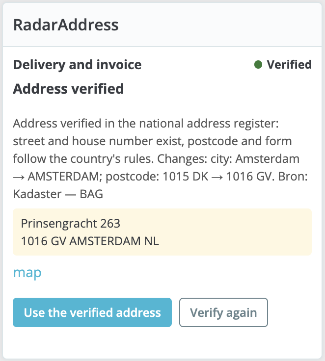 The order page with the verified address