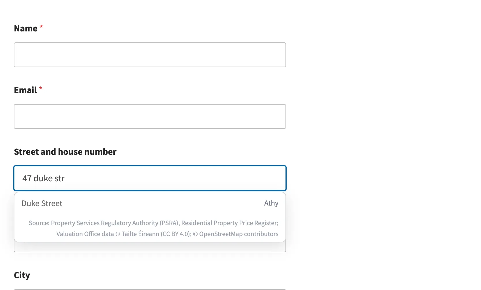 The autocomplete popup in the WPForms form
