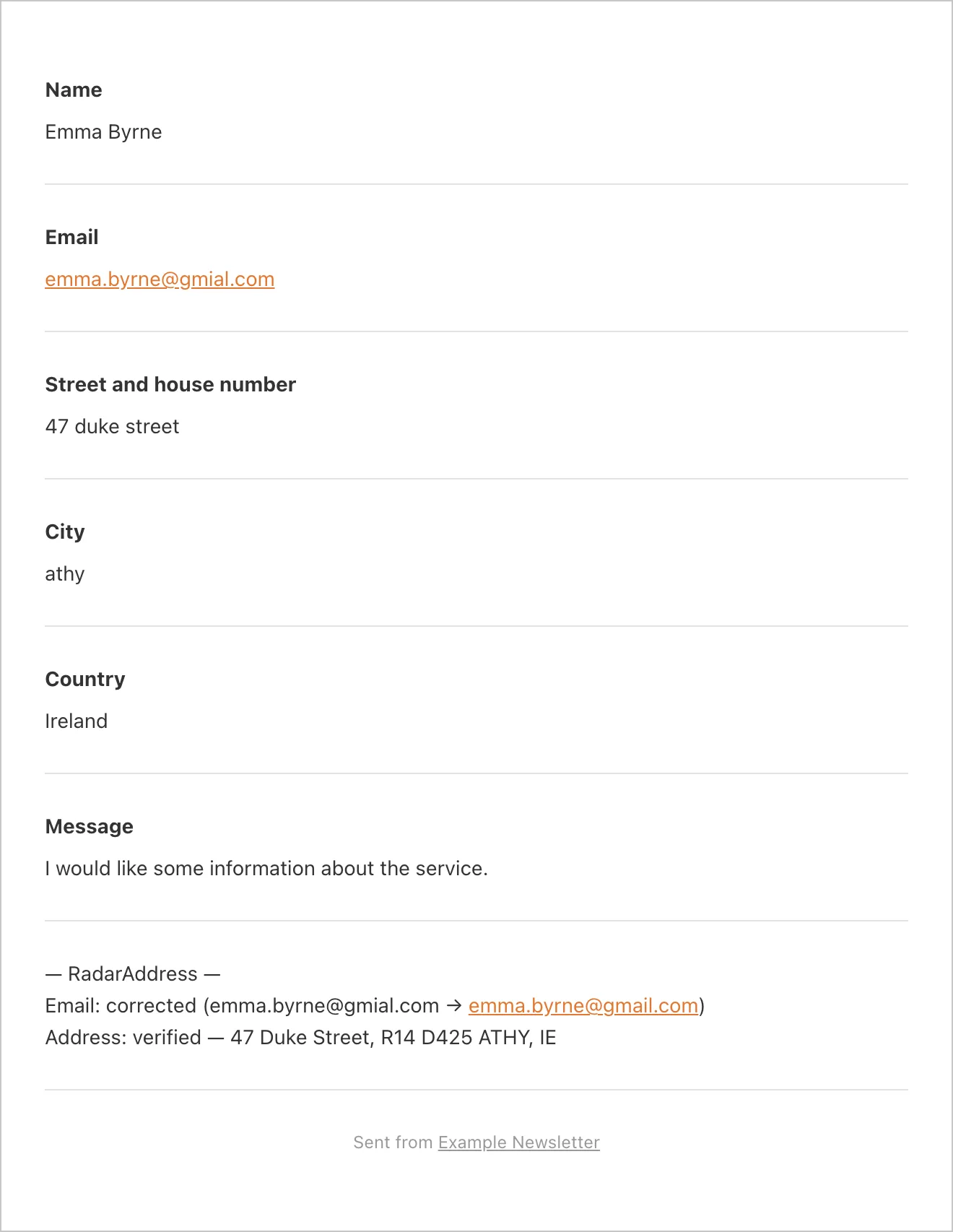 The WPForms notification email with the RadarAddress block: email corrected, address verified