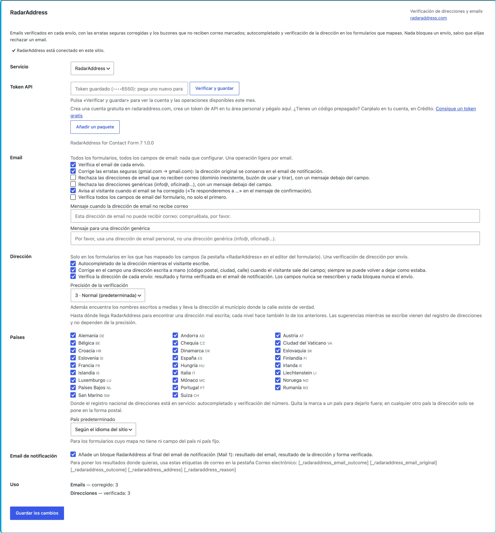 Los ajustes del plugin