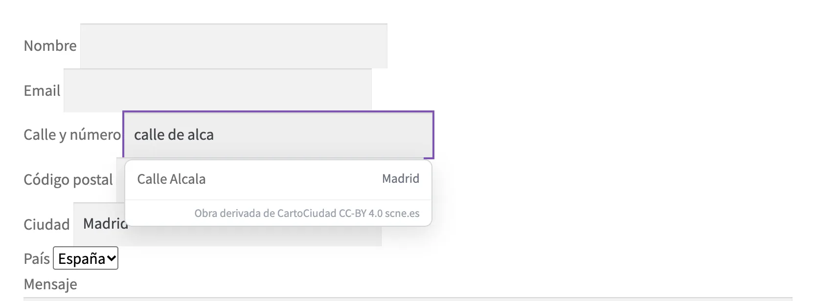 La ventana emergente del autocompletado en el formulario de Contact Form 7