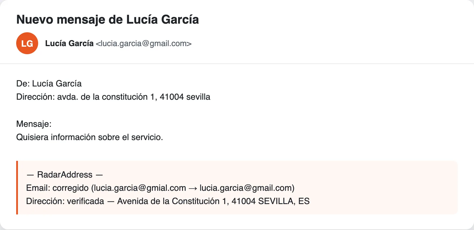 El email de notificación de Contact Form 7 con el bloque RadarAddress: email corregido, dirección verificada