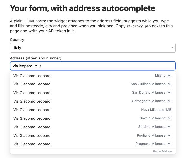 El widget de RadarAddress en cualquier formulario: la calle se completa mientras escribes