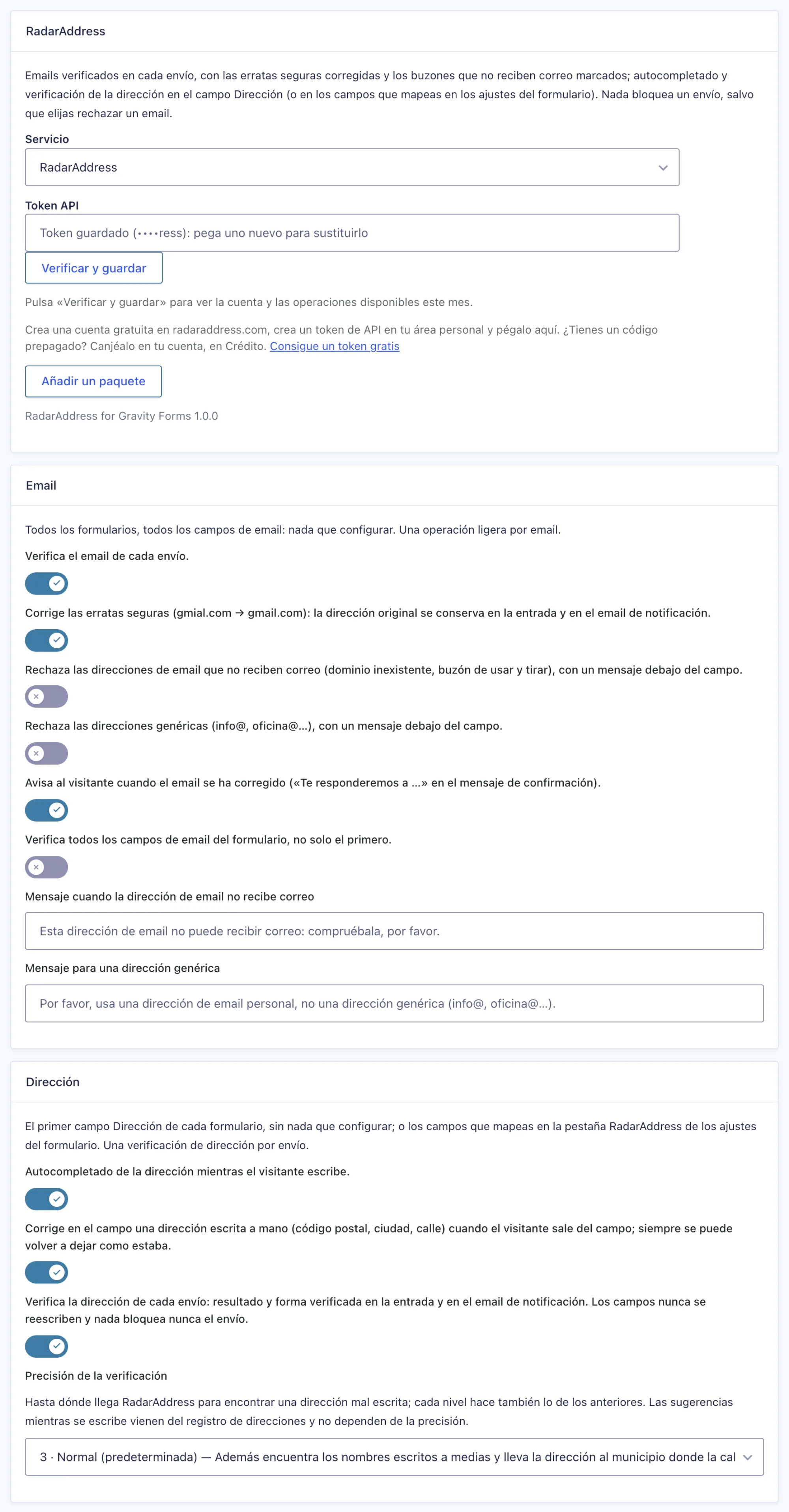 Los ajustes del plugin
