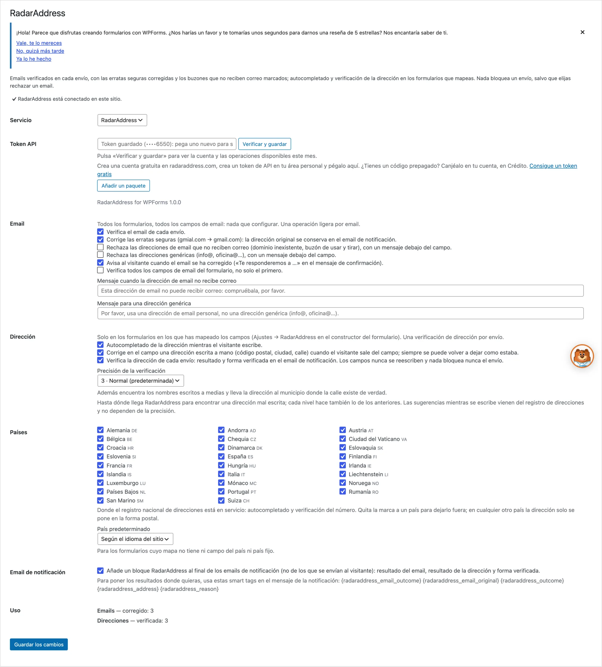 Los ajustes del plugin