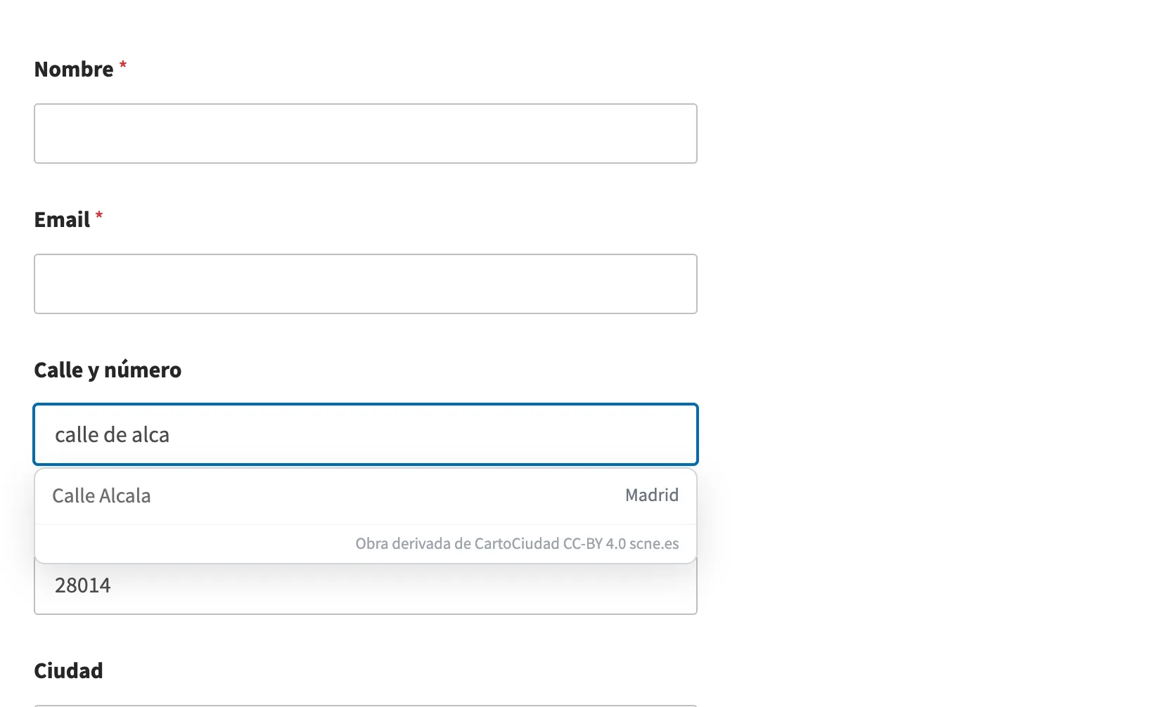 La ventana emergente del autocompletado en el formulario de WPForms