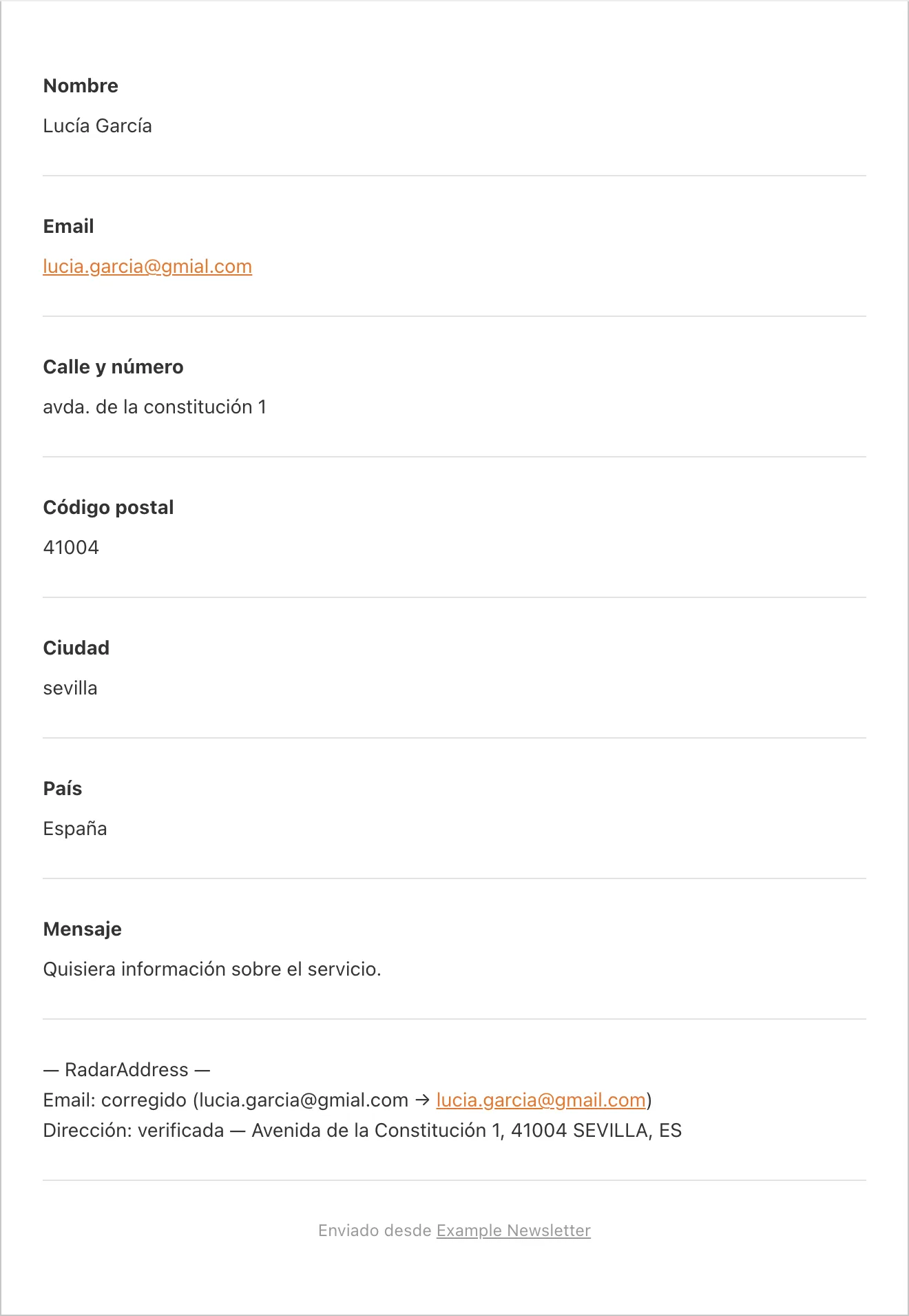 El email de notificación de WPForms con el bloque RadarAddress: email corregido, dirección verificada