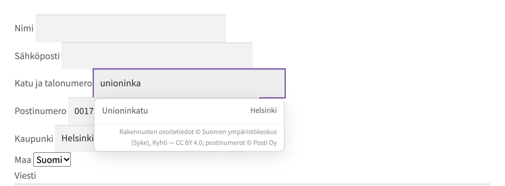Automaattisen täydennyksen ponnahdusikkuna Contact Form 7 -lomakkeessa