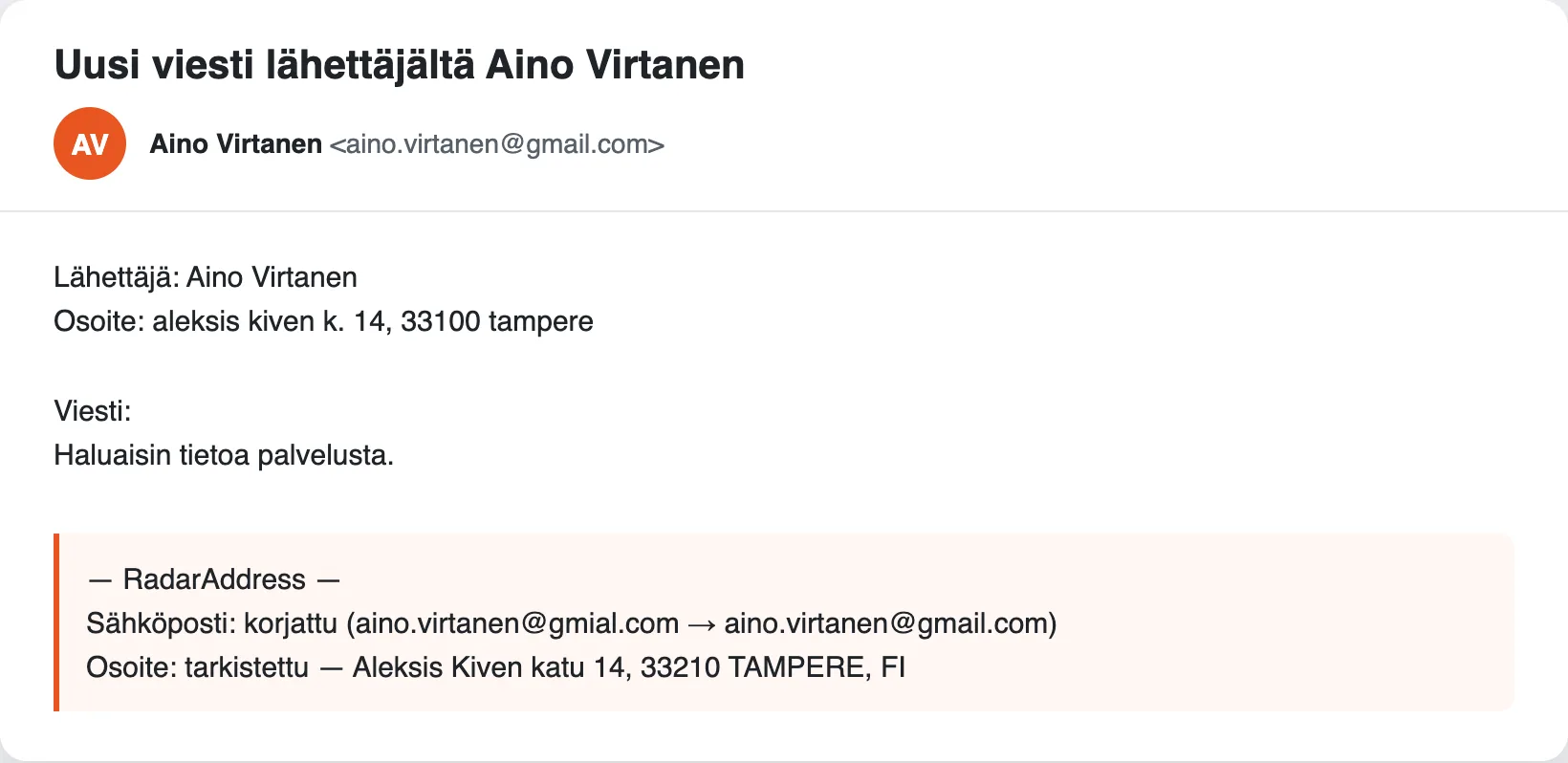 Contact Form 7:n ilmoitussähköposti RadarAddress-lohkoineen: sähköposti korjattu, osoite tarkistettu