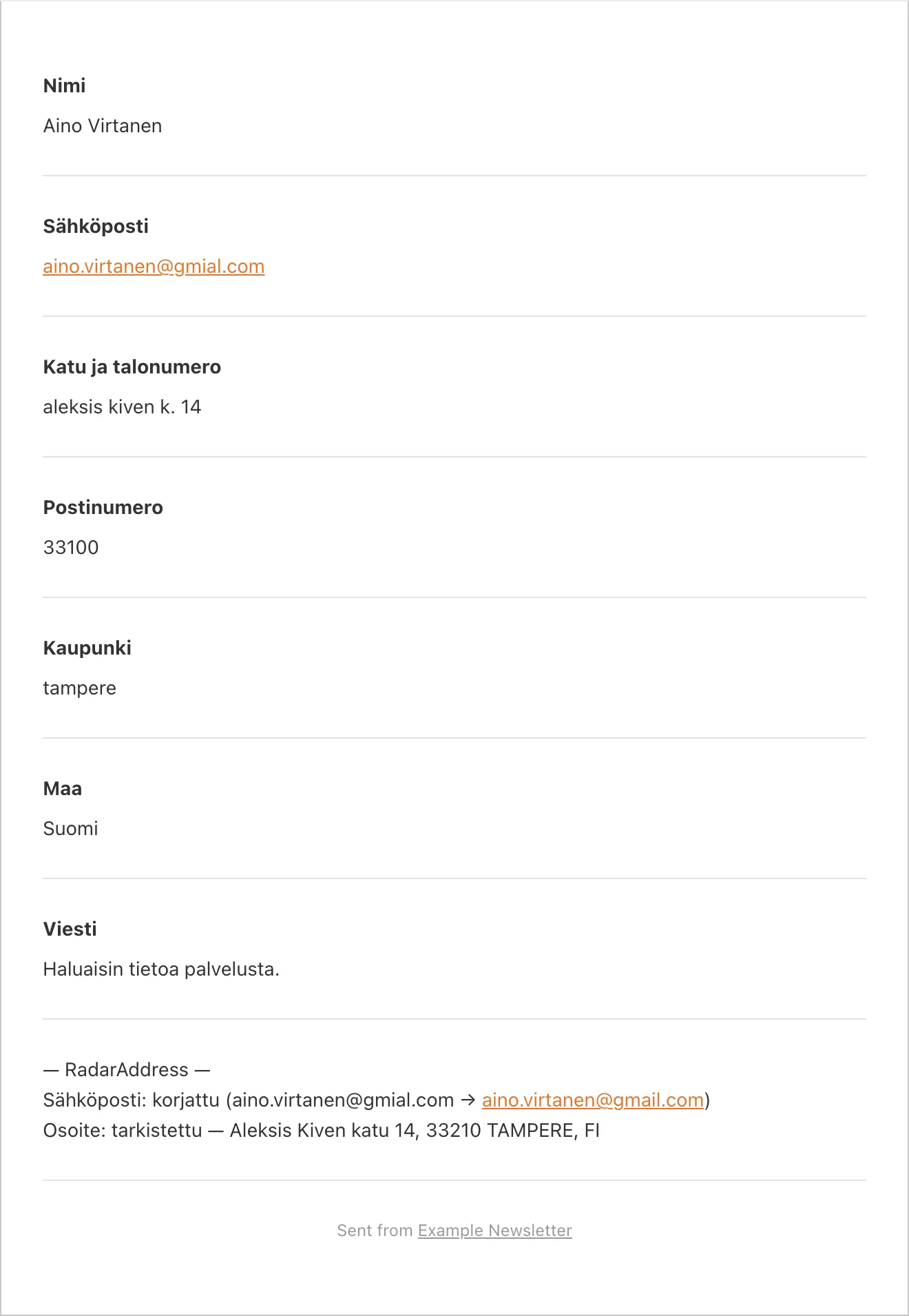 WPFormsin ilmoitussähköposti RadarAddress-lohkoineen: sähköposti korjattu, osoite tarkistettu