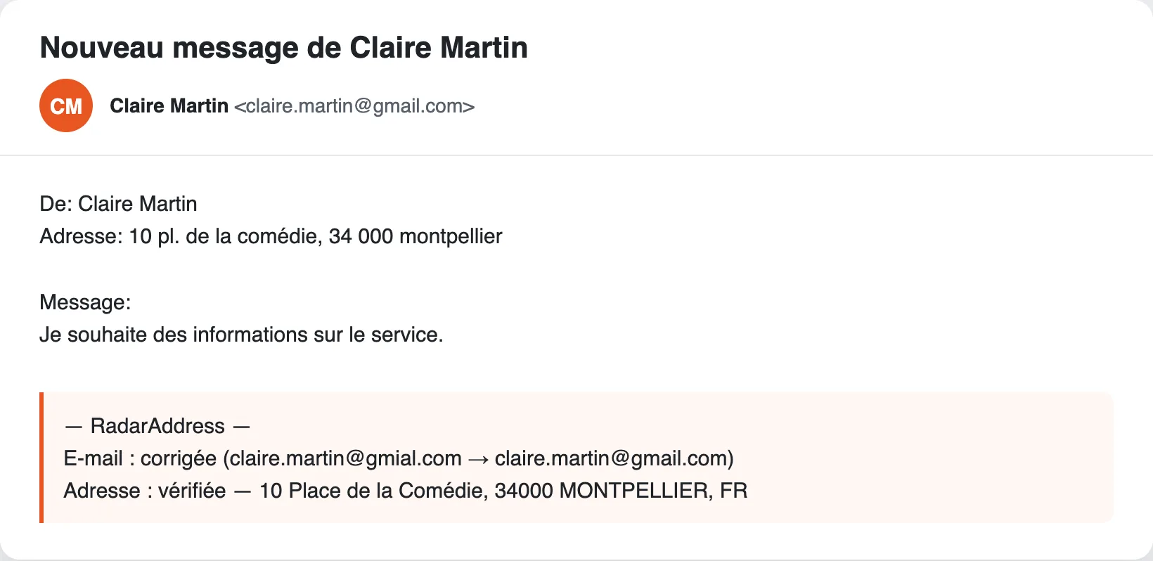 L'e-mail de notification de Contact Form 7 avec le bloc RadarAddress : e-mail corrigé, adresse vérifiée
