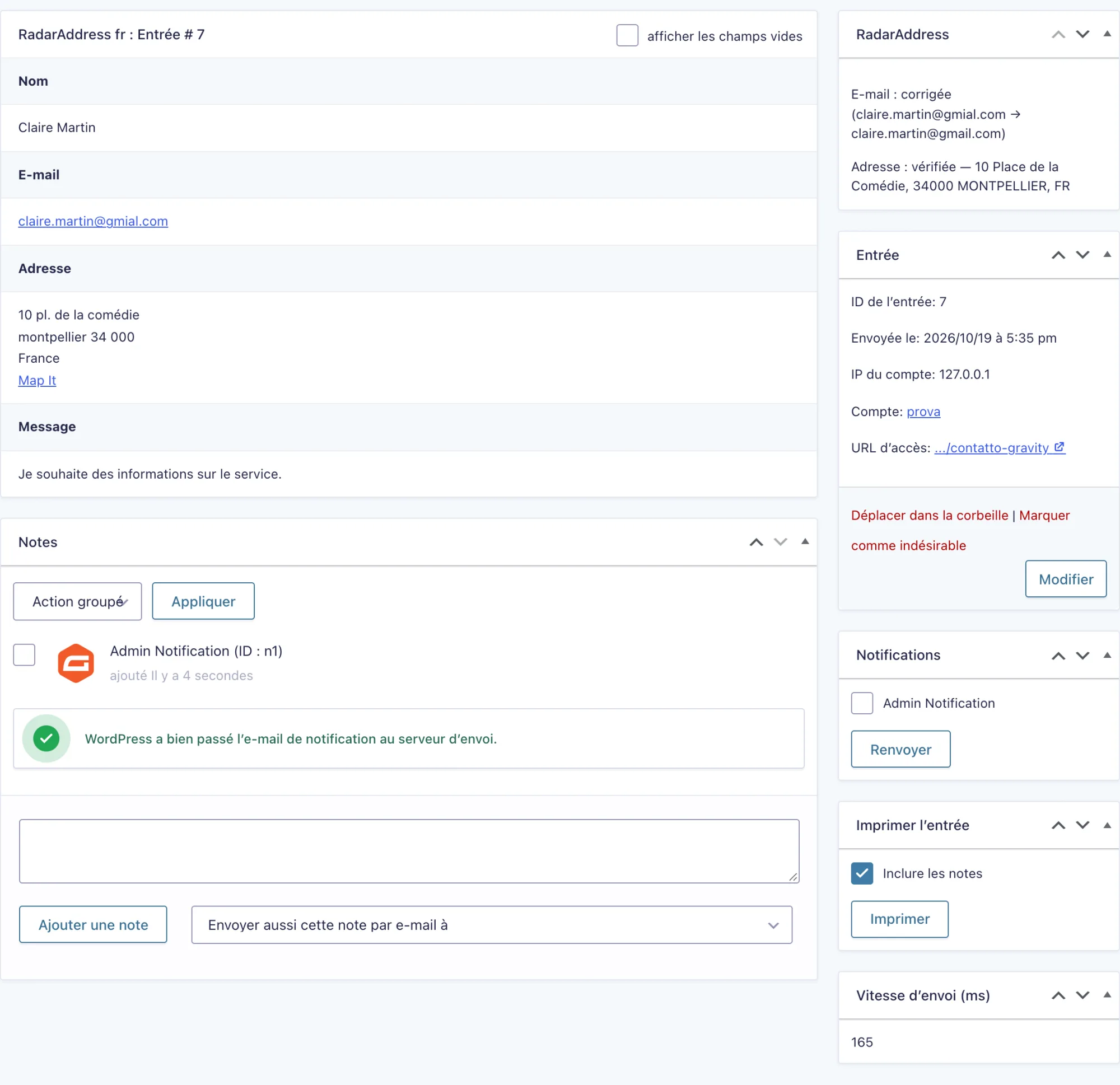 Le détail de l'entrée de Gravity Forms avec l'encadré RadarAddress : e-mail corrigé, adresse vérifiée