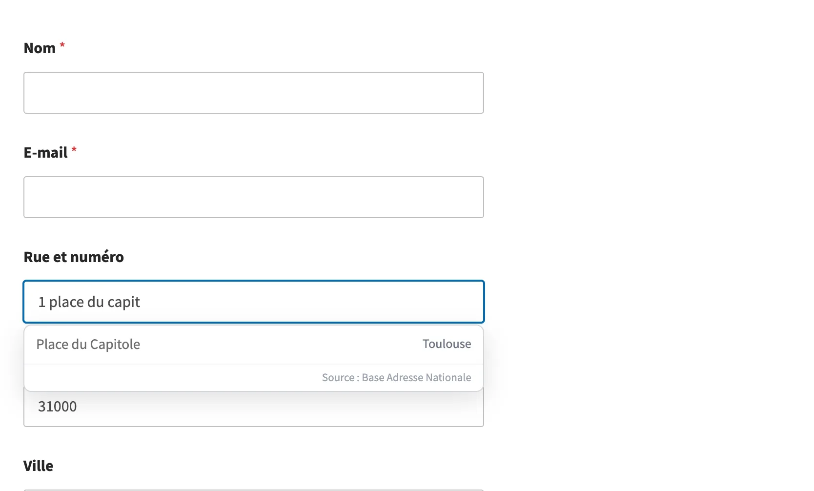Le popup de l'autocomplétion dans le formulaire WPForms