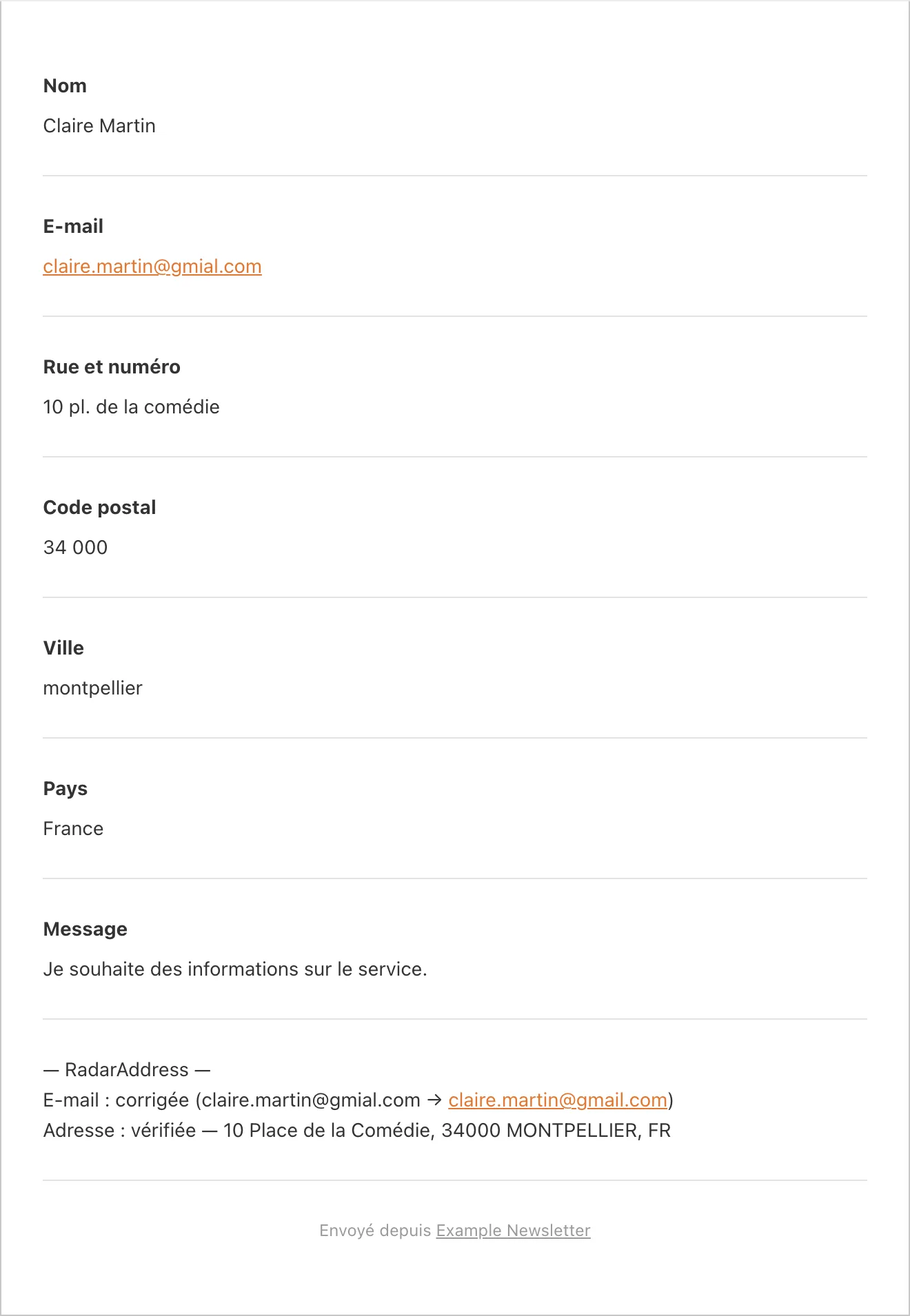L'e-mail de notification de WPForms avec le bloc RadarAddress : e-mail corrigé, adresse vérifiée