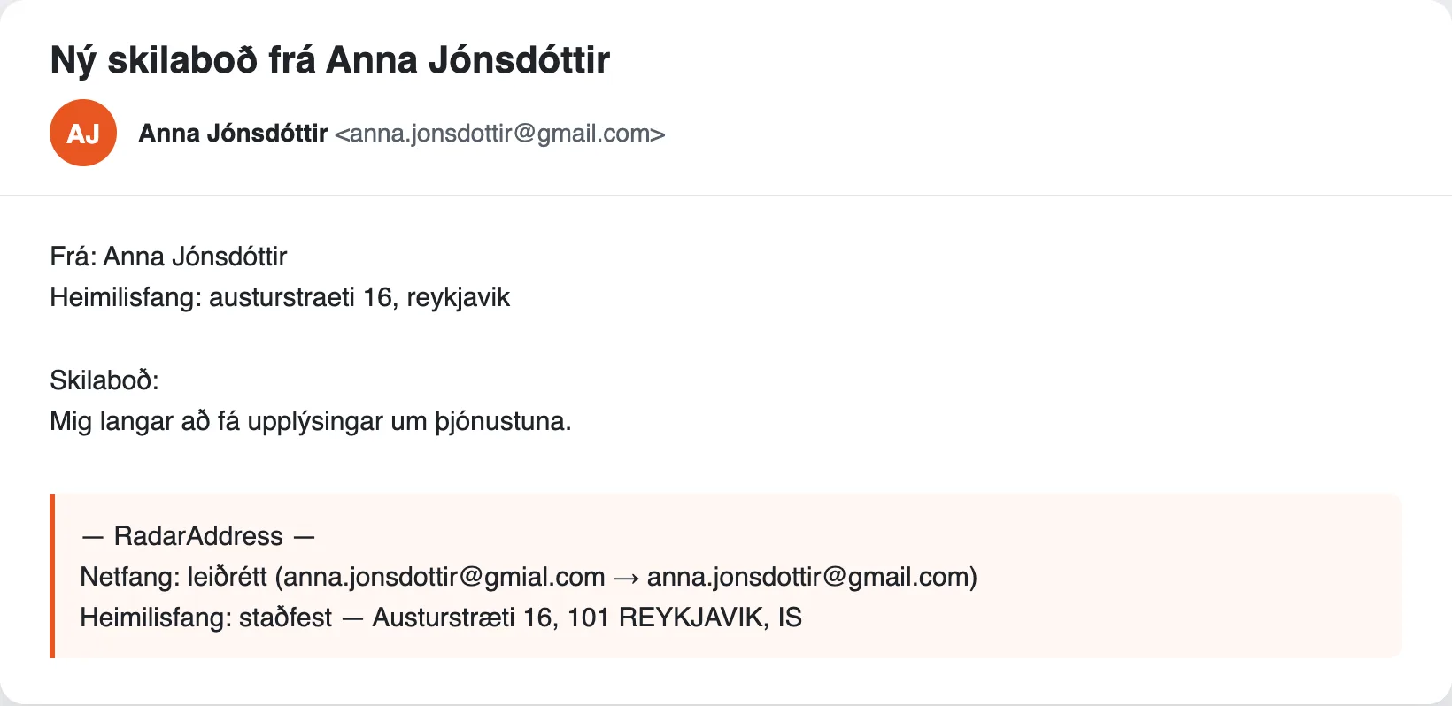 Tilkynningarpóstur Contact Form 7 með RadarAddress-hlutanum: netfang leiðrétt, heimilisfang sannreynt