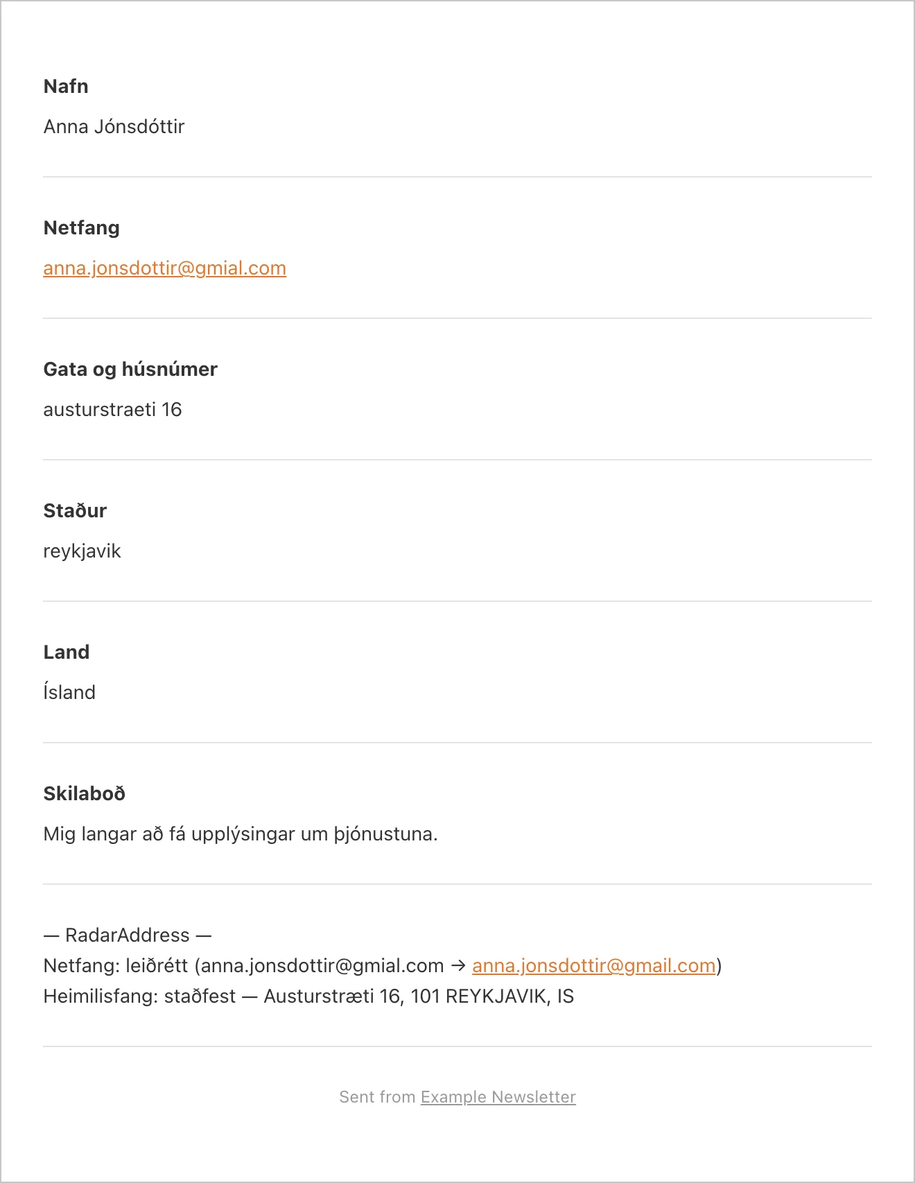 Tilkynningarpóstur WPForms með RadarAddress-hlutanum: netfang leiðrétt, heimilisfang sannreynt