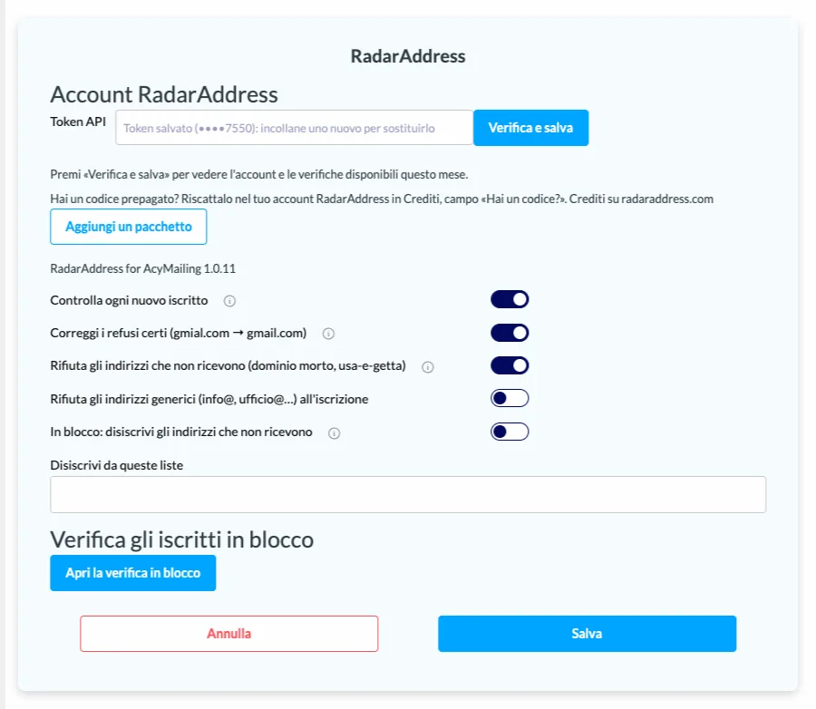 Le impostazioni dell'add-on