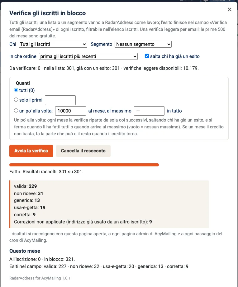 La verifica in blocco degli iscritti dentro AcyMailing