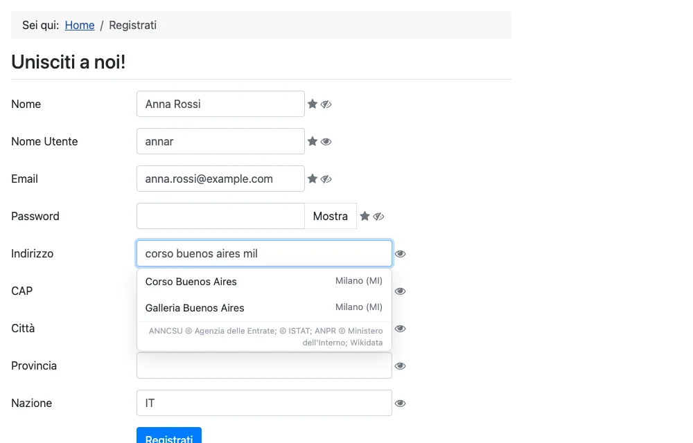 La registrazione di Community Builder con l'indirizzo che si completa mentre si scrive