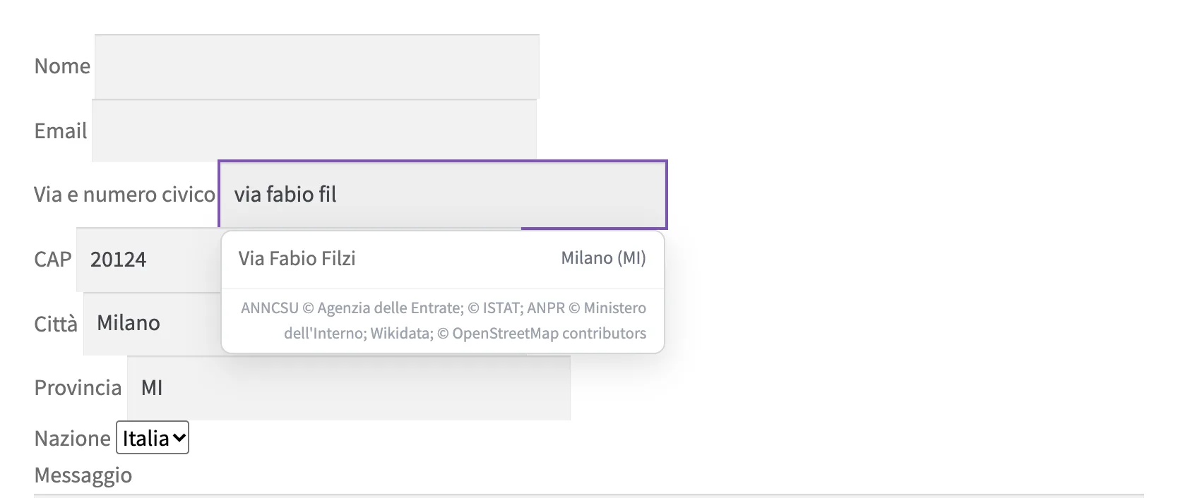 Il popup dell'autocomplete nel modulo di Contact Form 7