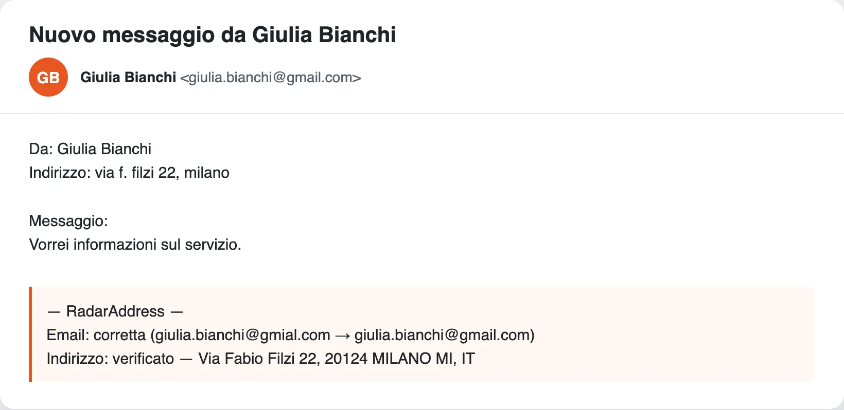 L'email di notifica di Contact Form 7 col blocco RadarAddress: email corretta, indirizzo verificato