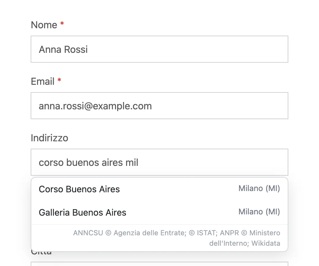 Un form di Convert Forms con l'indirizzo che si completa mentre si scrive