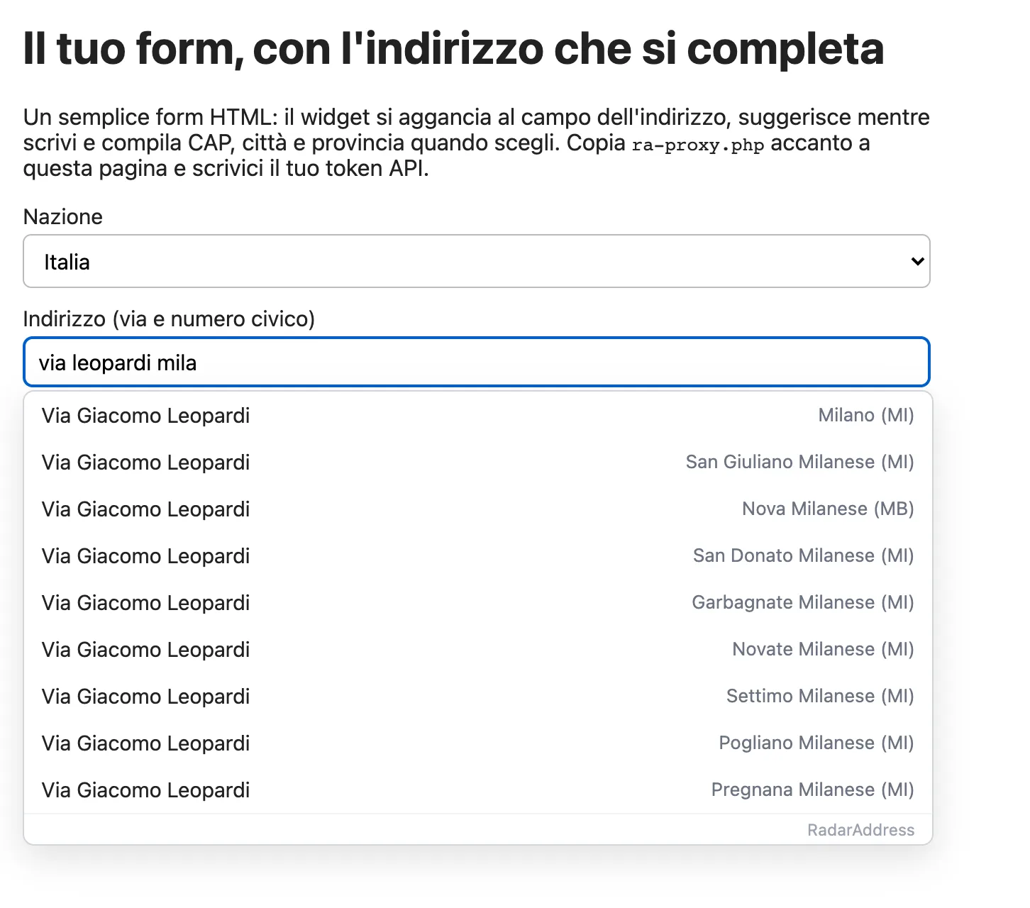 Il widget di RadarAddress su un form qualsiasi: la via si completa mentre si scrive