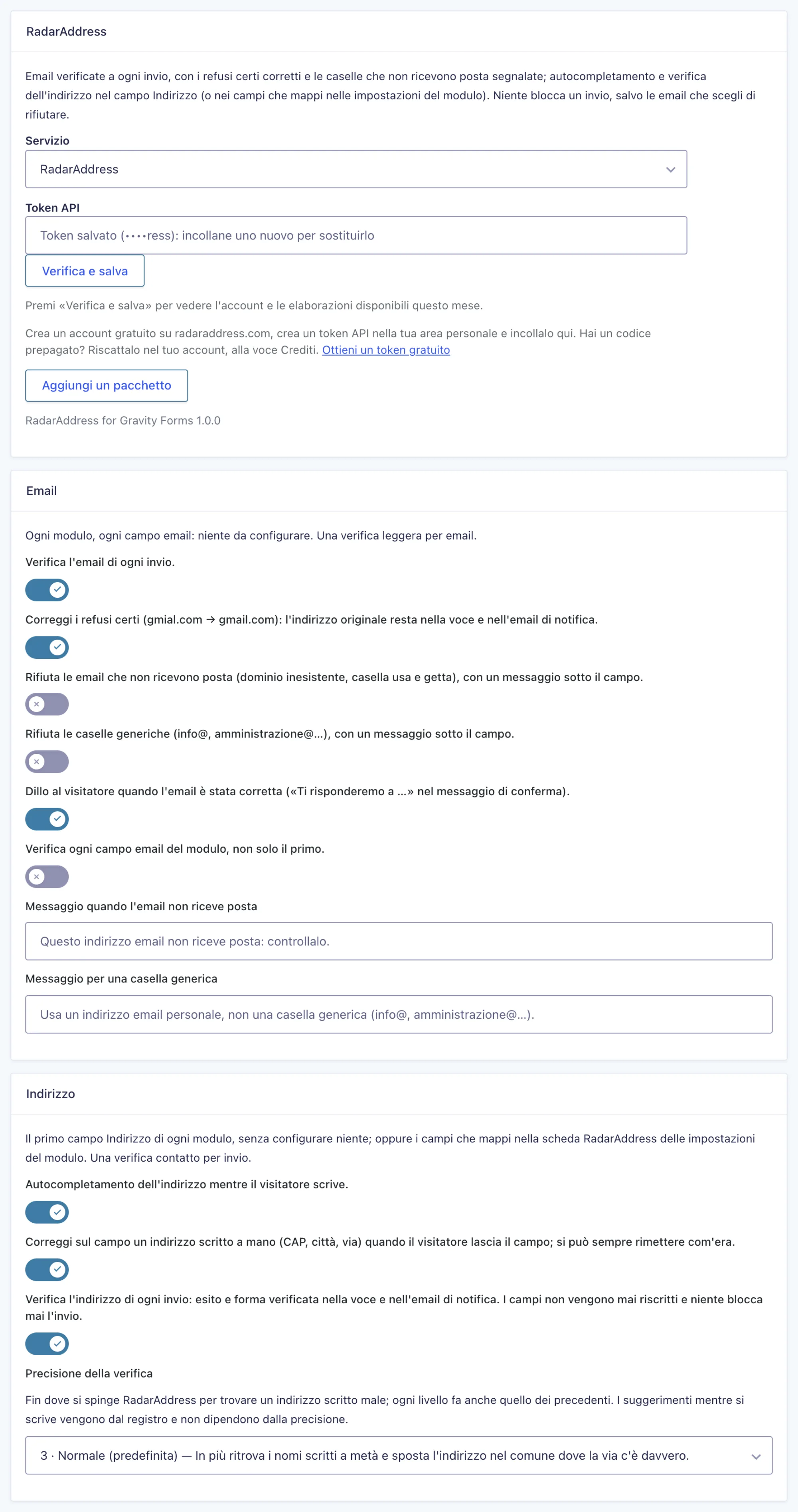 Le impostazioni del plugin