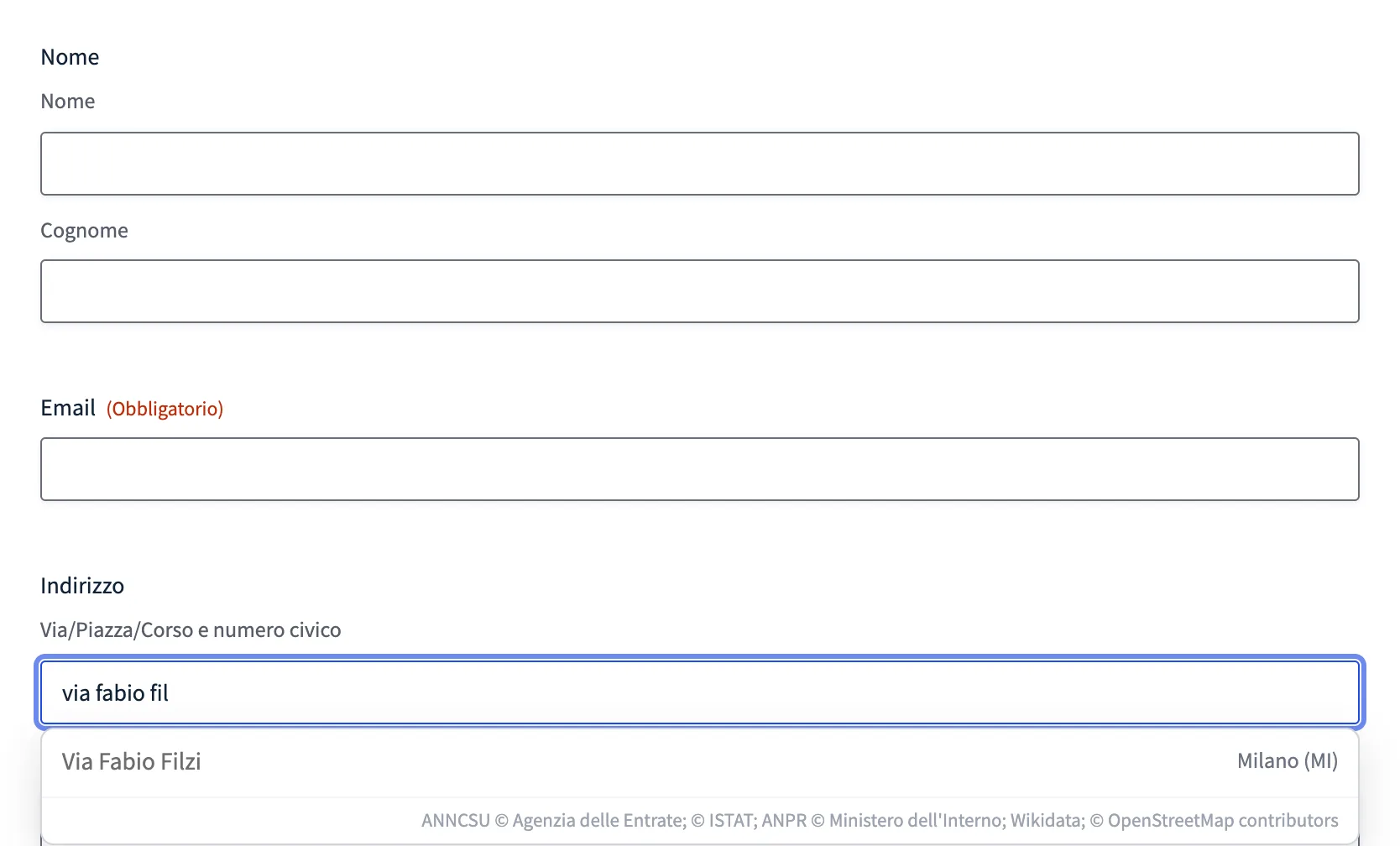 Il popup dell'autocomplete nel campo Indirizzo di Gravity Forms