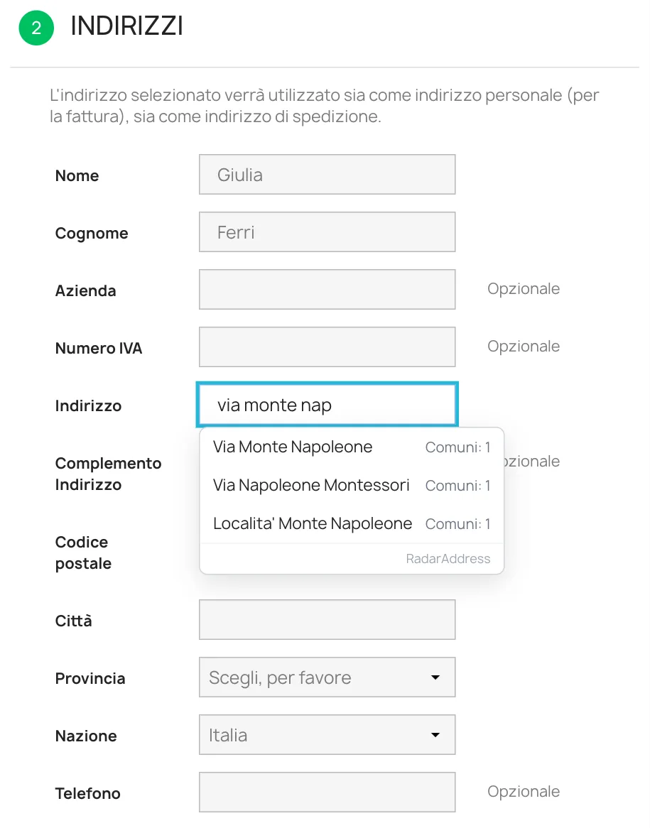 Il popup dell'autocomplete al checkout di PrestaShop