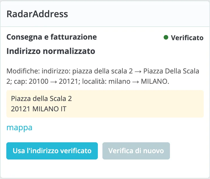 La scheda dell'ordine con l'indirizzo verificato