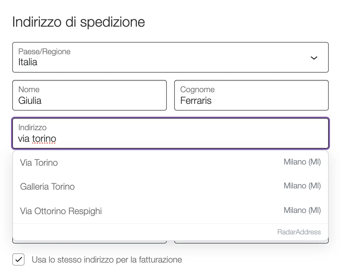 Il popup dell'autocomplete al checkout di WooCommerce