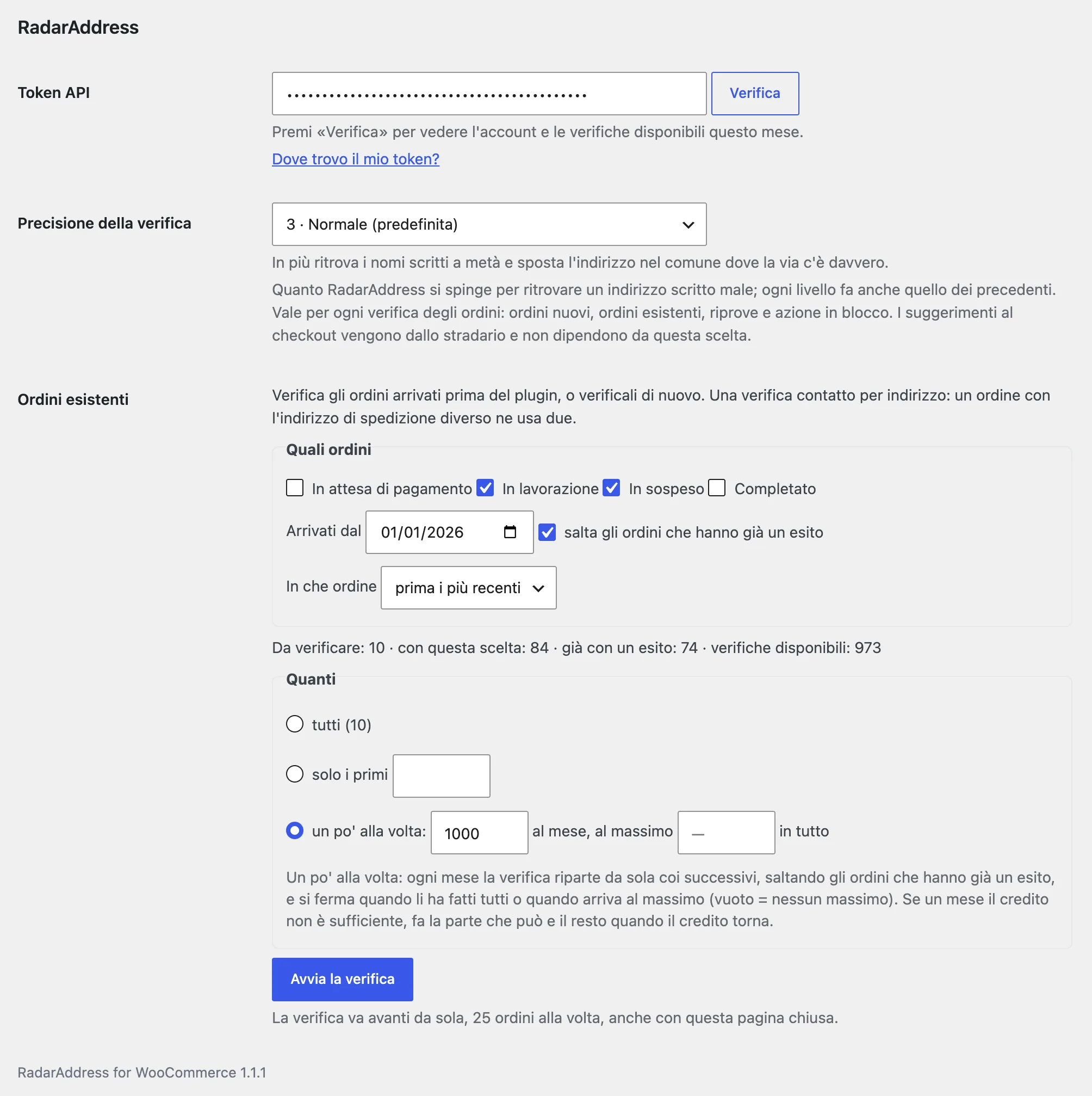 Le impostazioni del plugin
