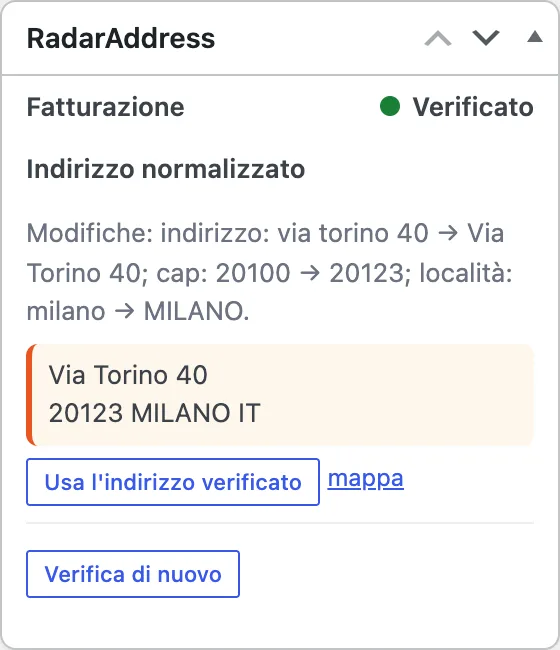 La scheda dell'ordine con l'indirizzo verificato
