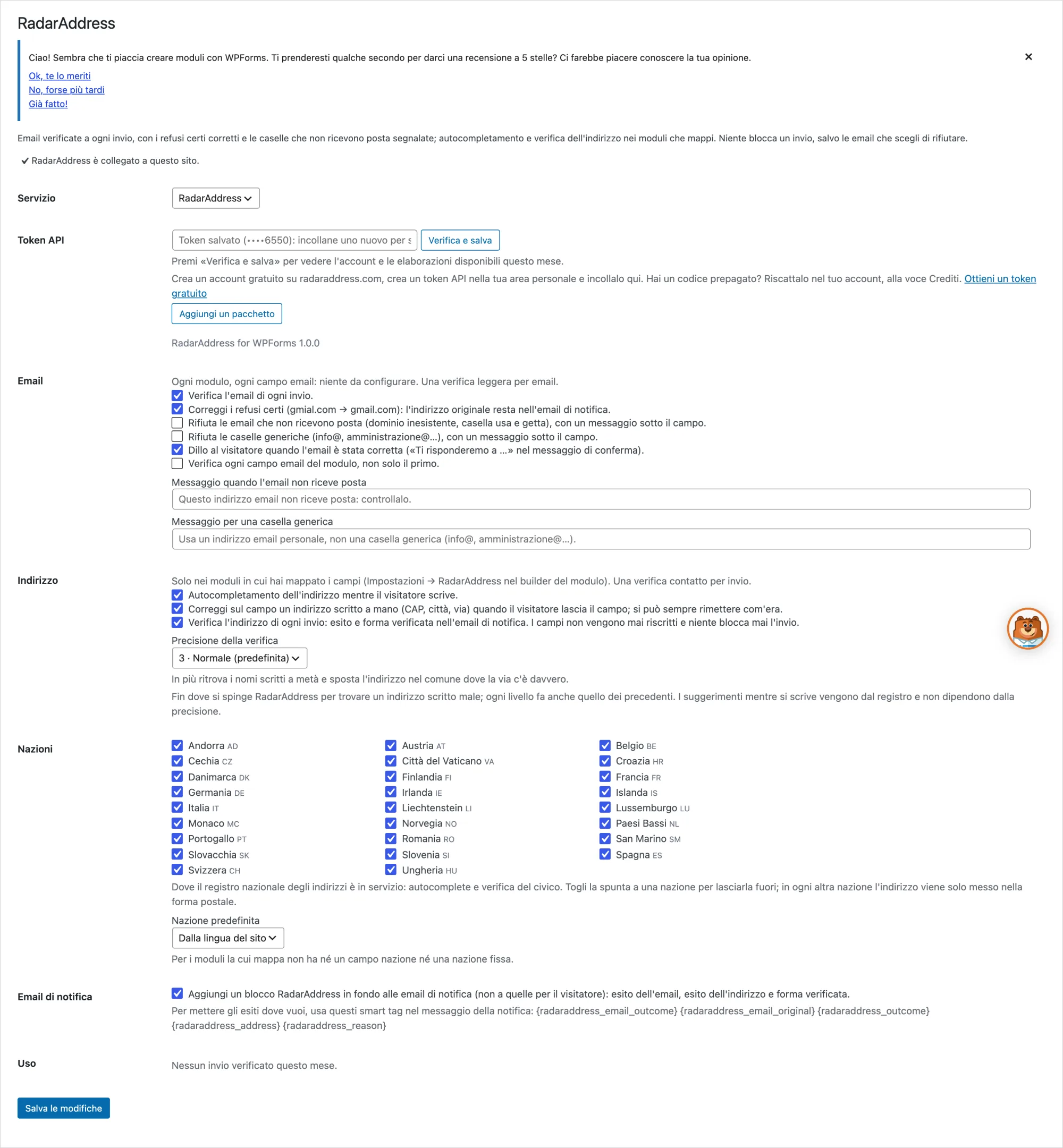 Le impostazioni del plugin