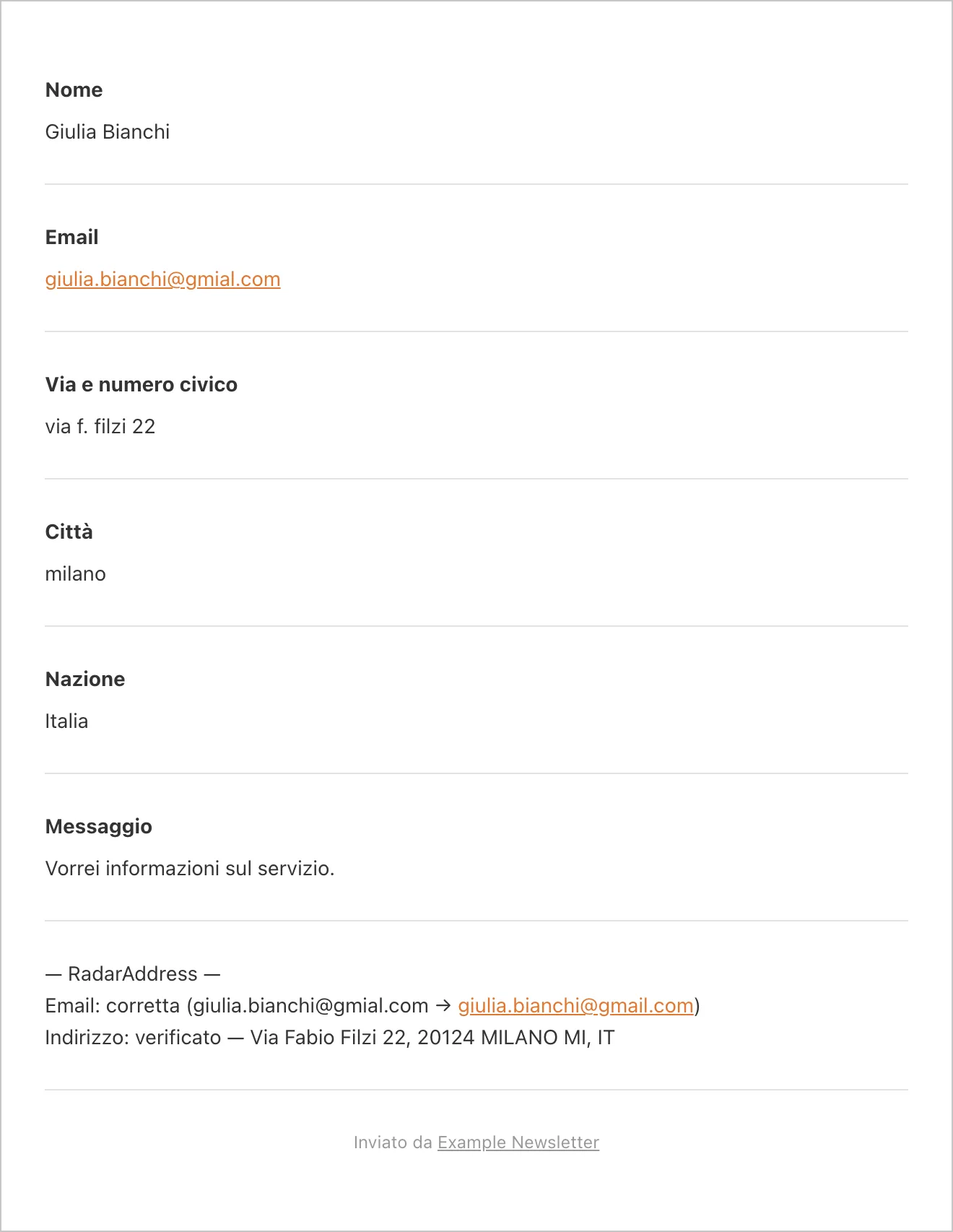 L'email di notifica di WPForms col blocco RadarAddress: email corretta, indirizzo verificato