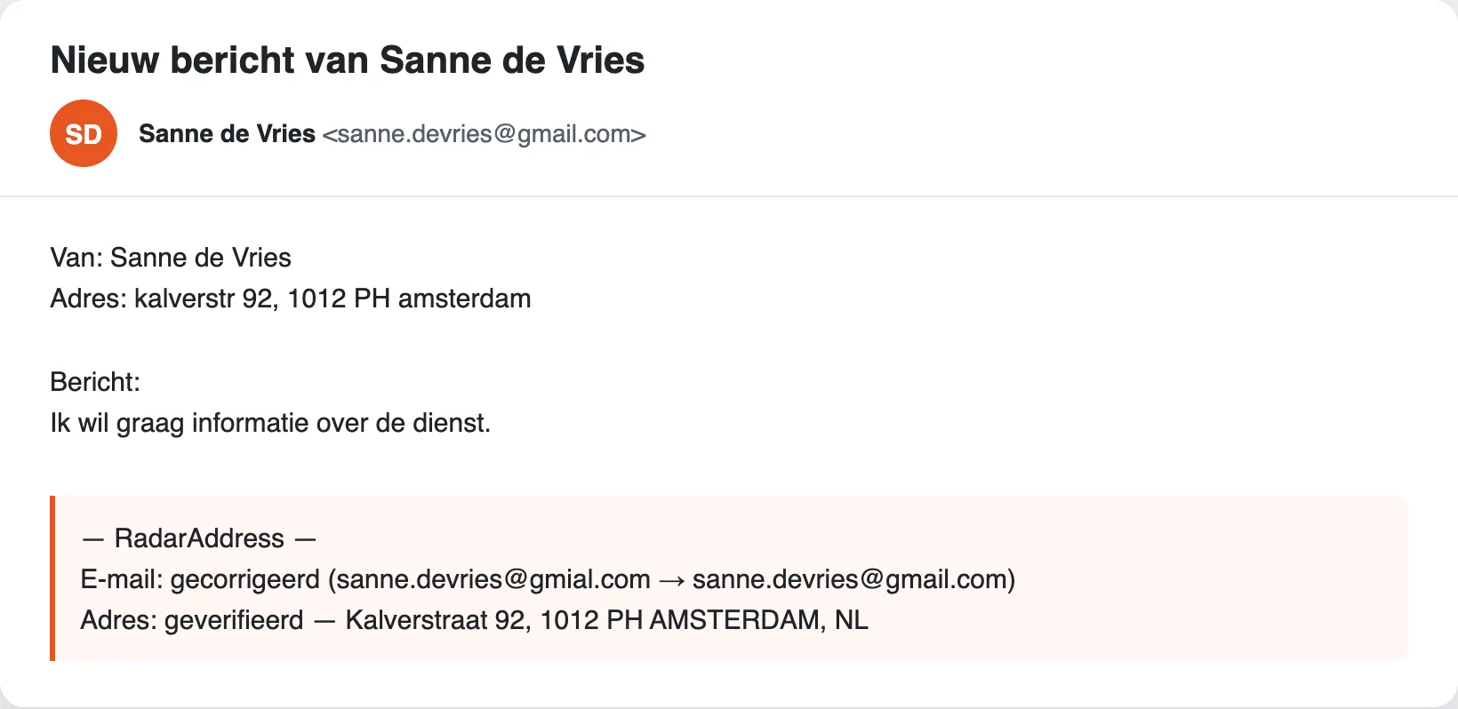 De notificatie-e-mail van Contact Form 7 met het RadarAddress-blok: e-mail gecorrigeerd, adres geverifieerd