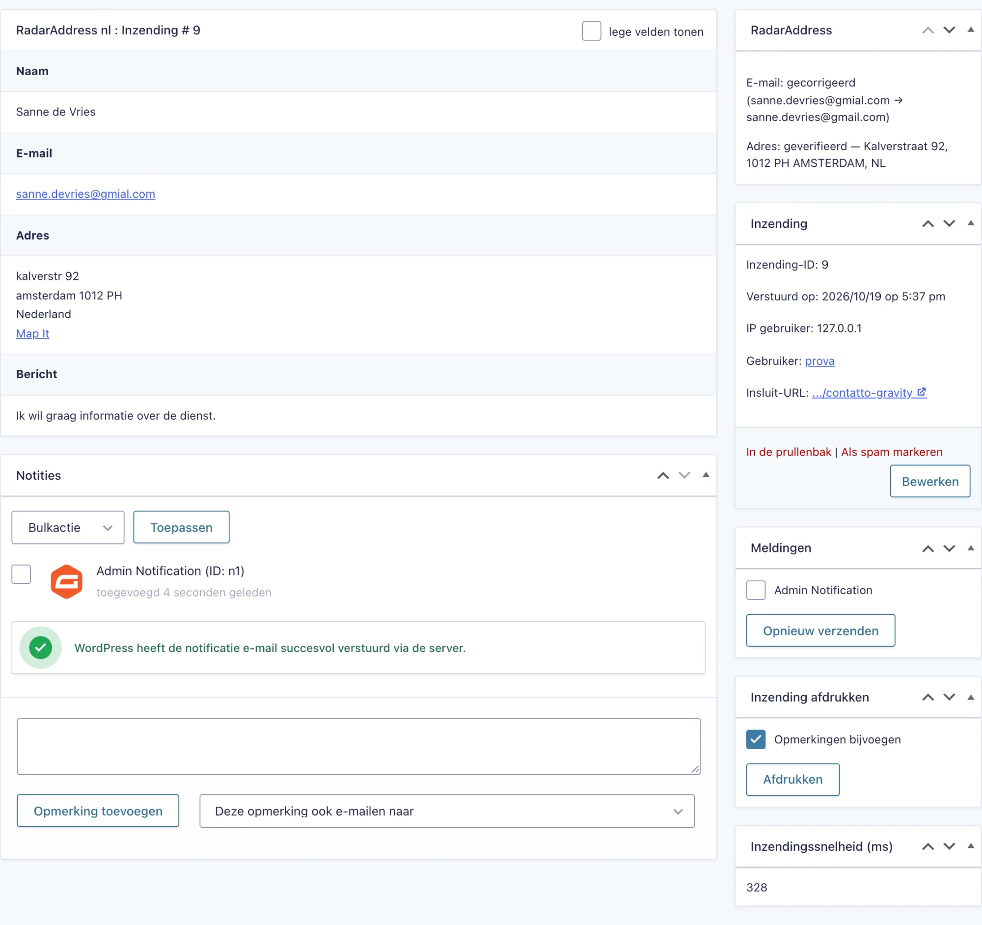 Het detail van de Gravity Forms-inzending met het RadarAddress-blok: e-mail gecorrigeerd, adres geverifieerd