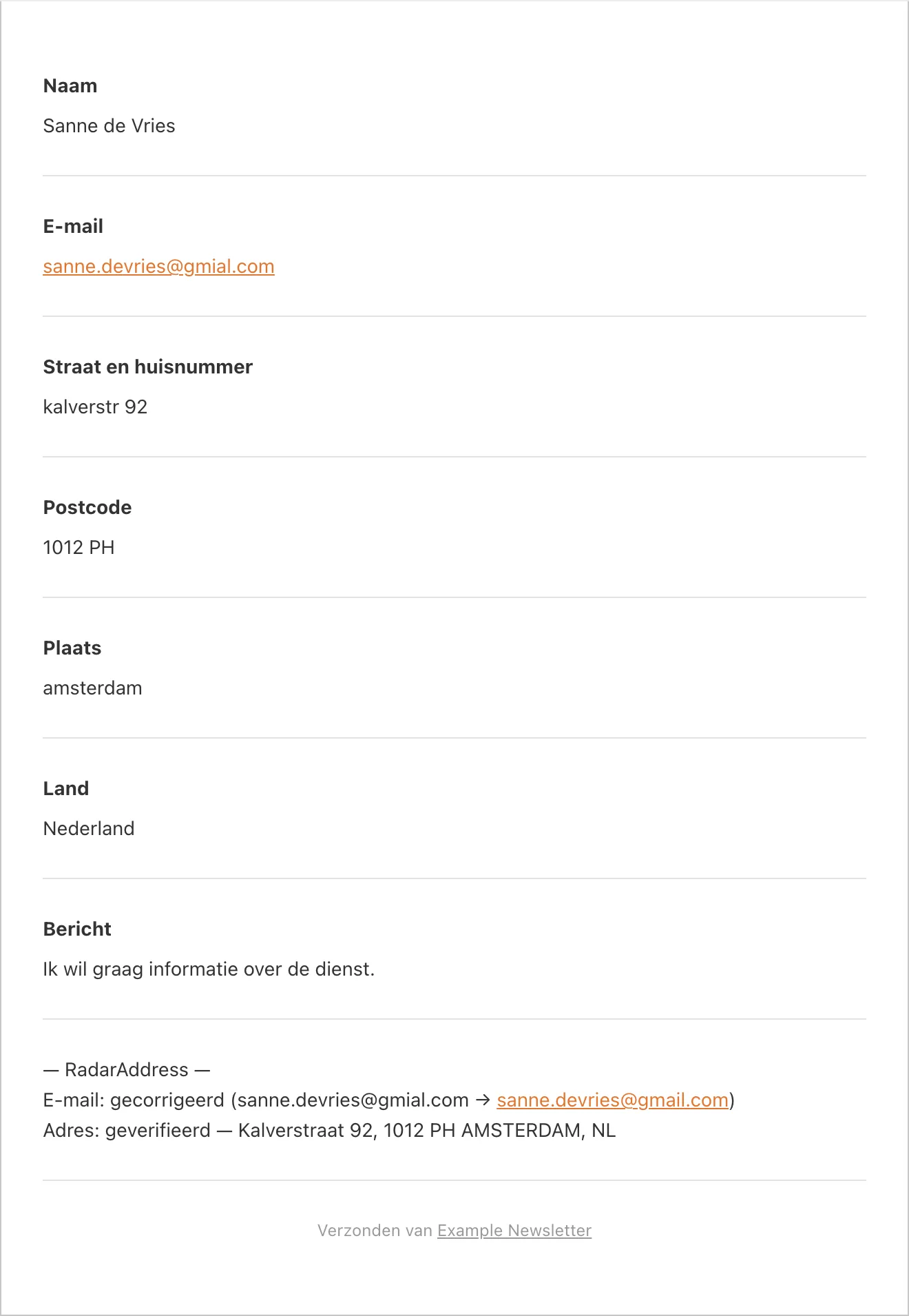 De notificatie-e-mail van WPForms met het RadarAddress-blok: e-mail gecorrigeerd, adres geverifieerd