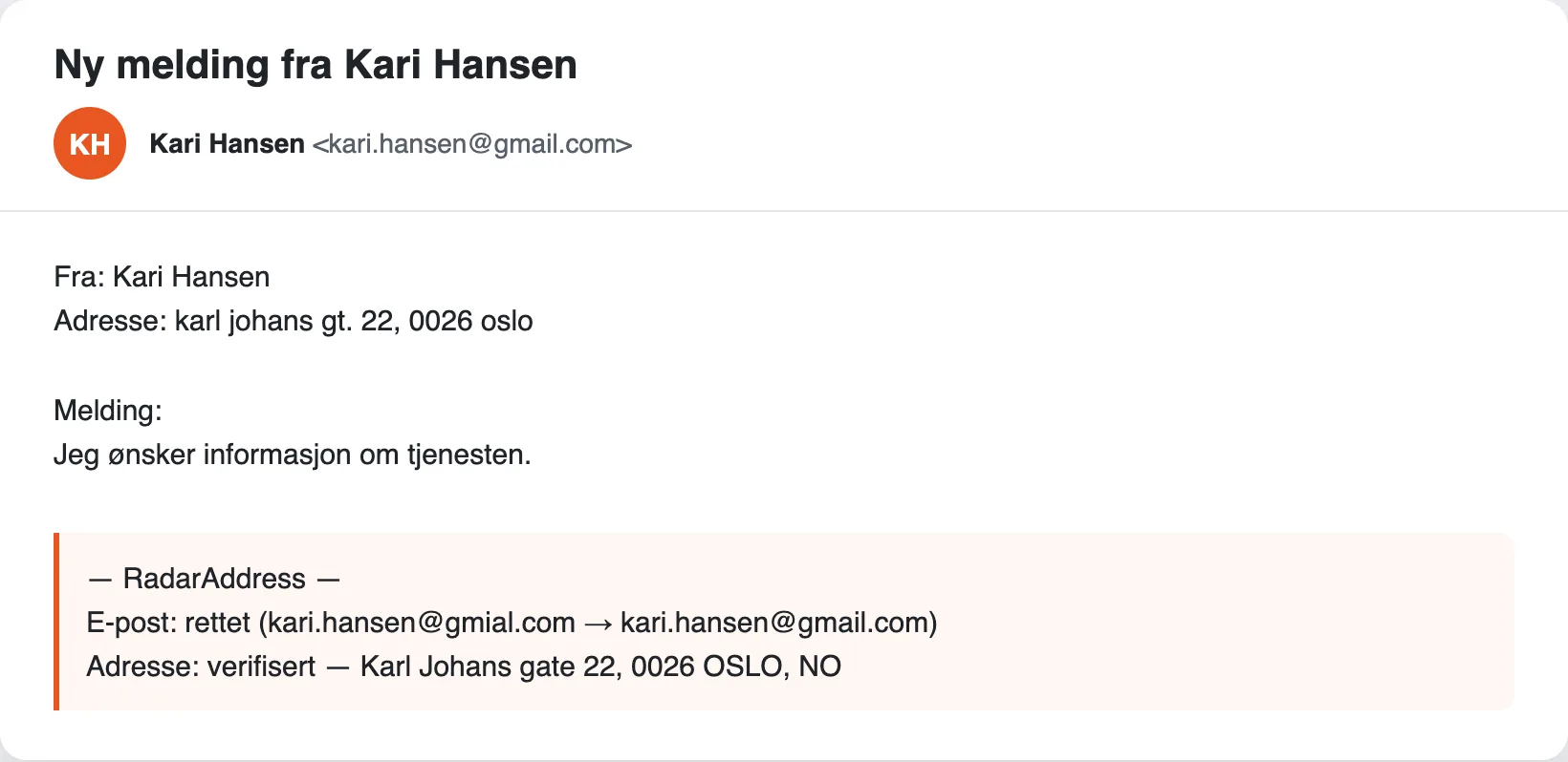 Varslings-e-posten fra Contact Form 7 med RadarAddress-blokken: e-postadresse rettet, adresse verifisert
