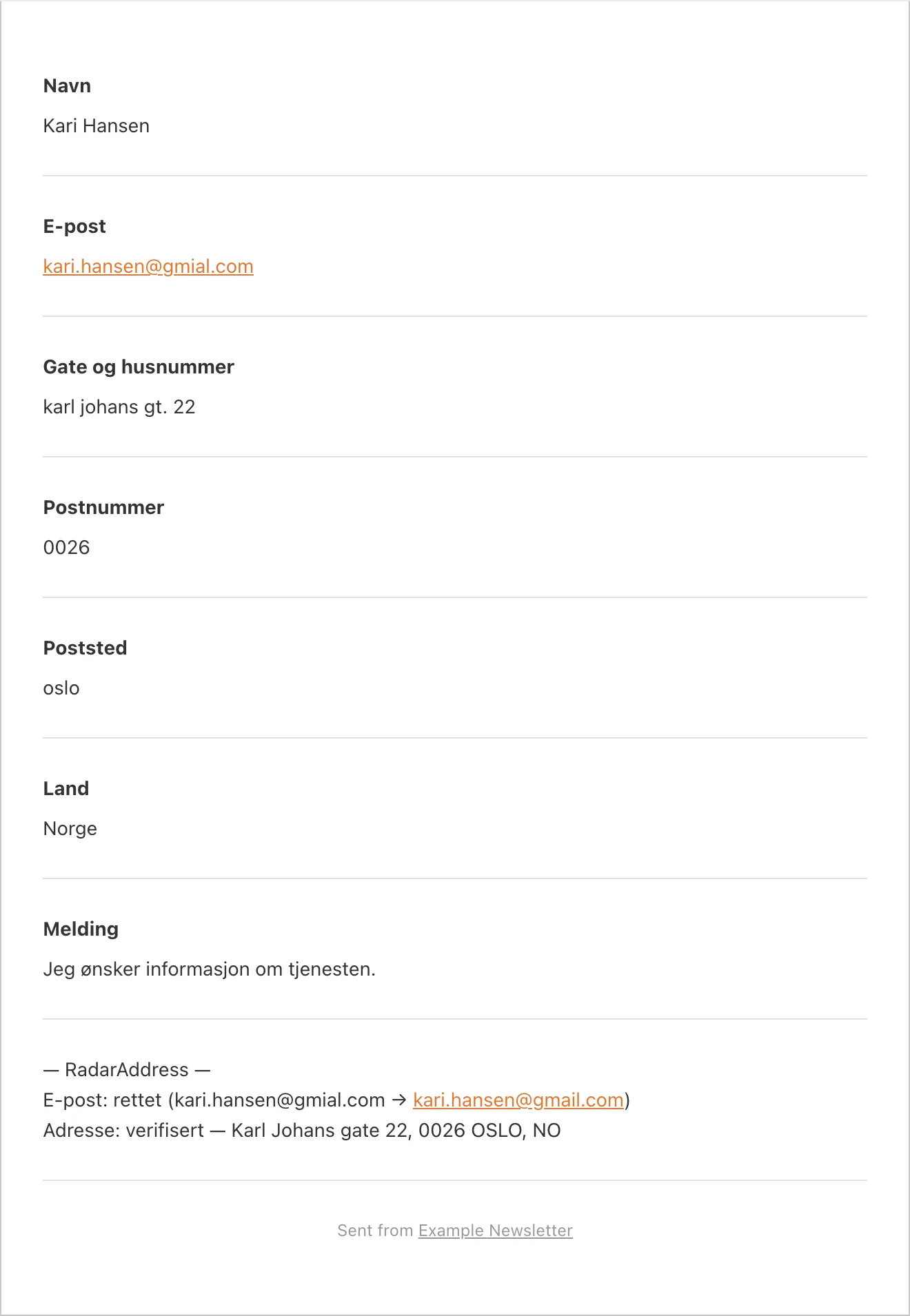Varslings-e-posten fra WPForms med RadarAddress-blokken: e-postadresse rettet, adresse verifisert